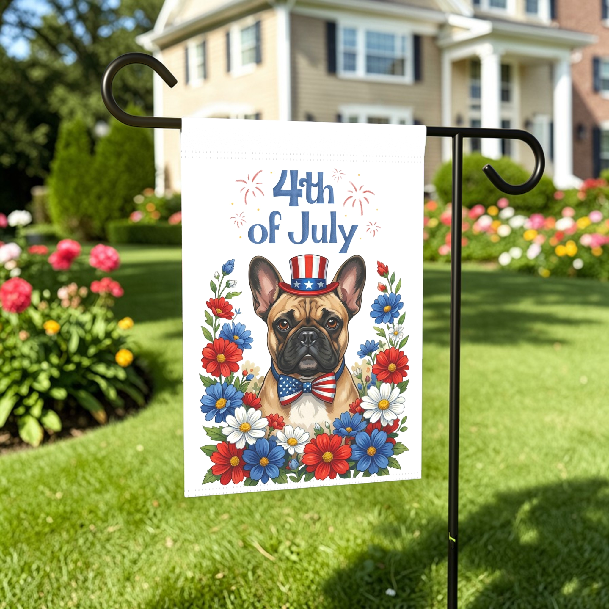4th of July Patriotic French Bulldog Garden Flag - front view - Dragonfire Gardens