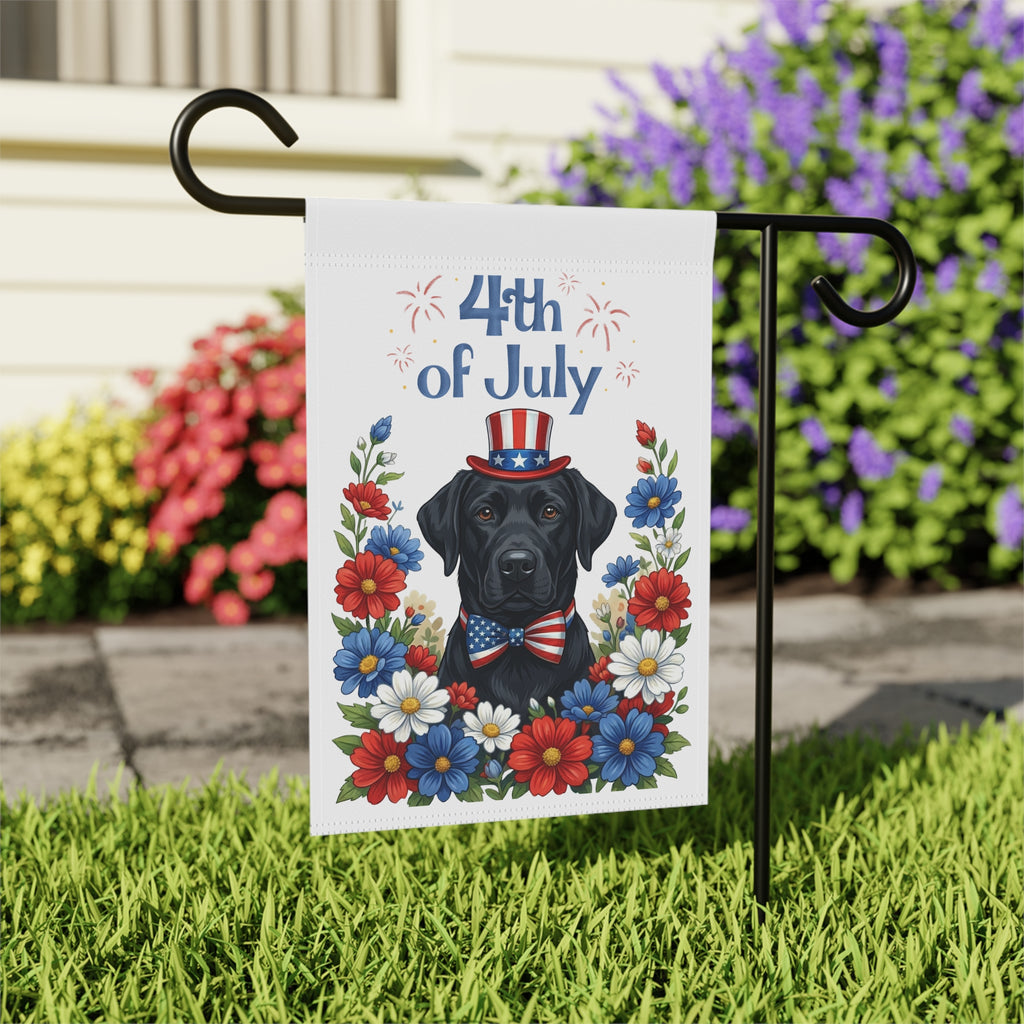 4th of July Patriotic Black Labrador Retriever Garden Flag - close-up detail - Dragonfire Gardens