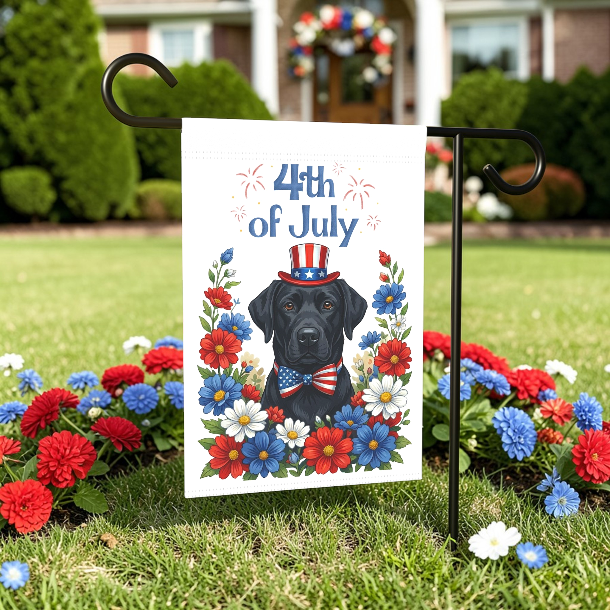 4th of July Patriotic Black Labrador Retriever Garden Flag - lifestyle display - Dragonfire Gardens