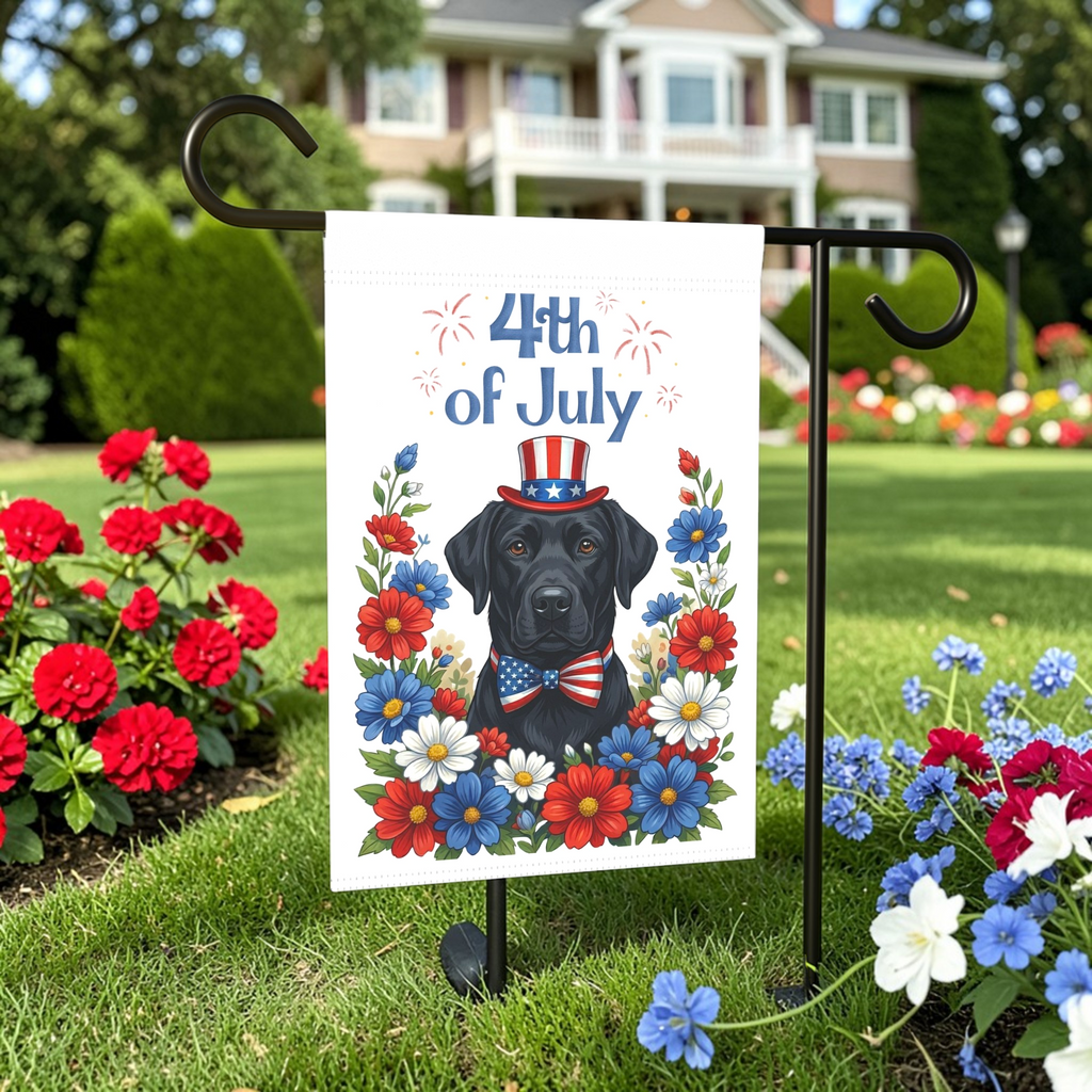 4th of July Patriotic Black Labrador Retriever Garden Flag - front view - Dragonfire Gardens