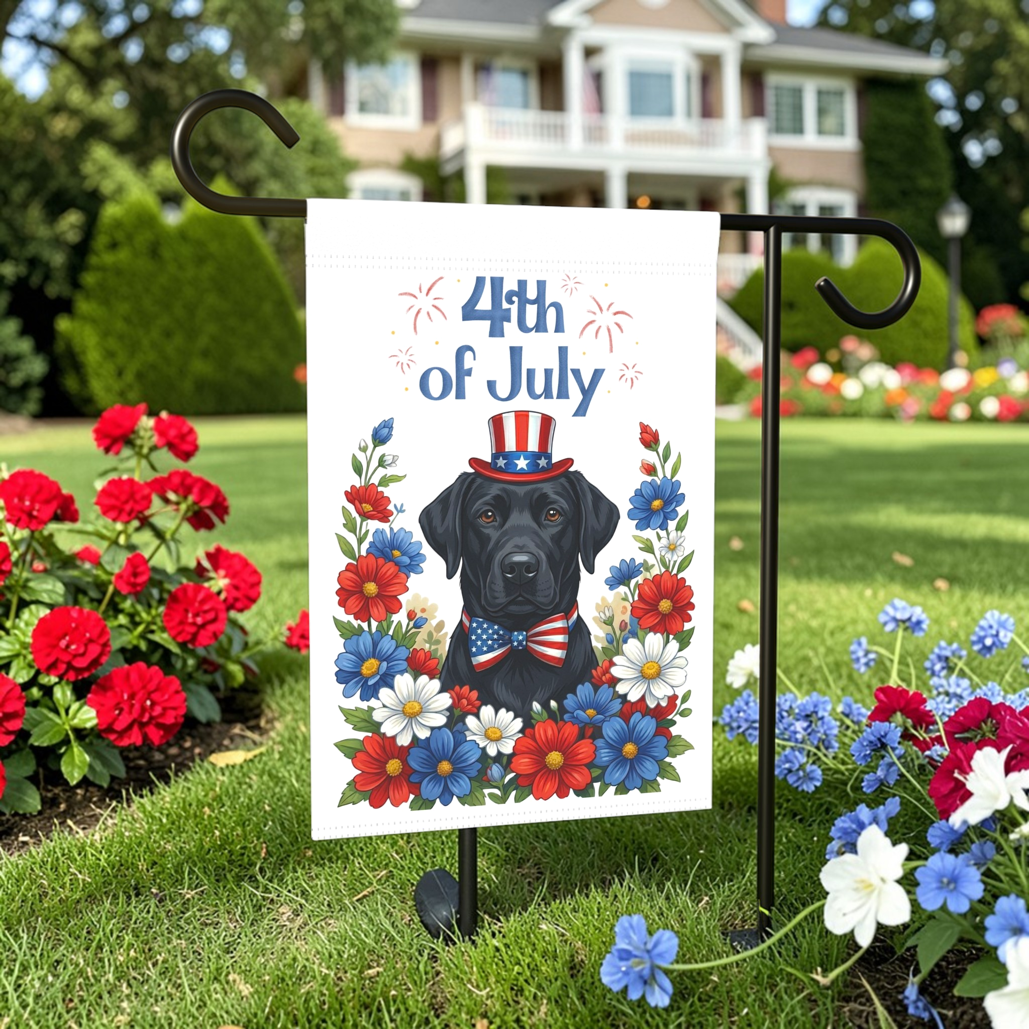4th of July Patriotic Black Labrador Retriever Garden Flag - front view - Dragonfire Gardens