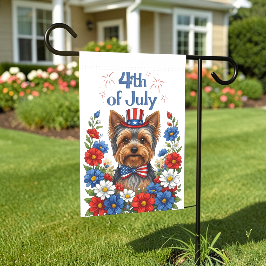 4th of July Patriotic Yorkshire Terrier Garden Flag - front view - Dragonfire Gardens