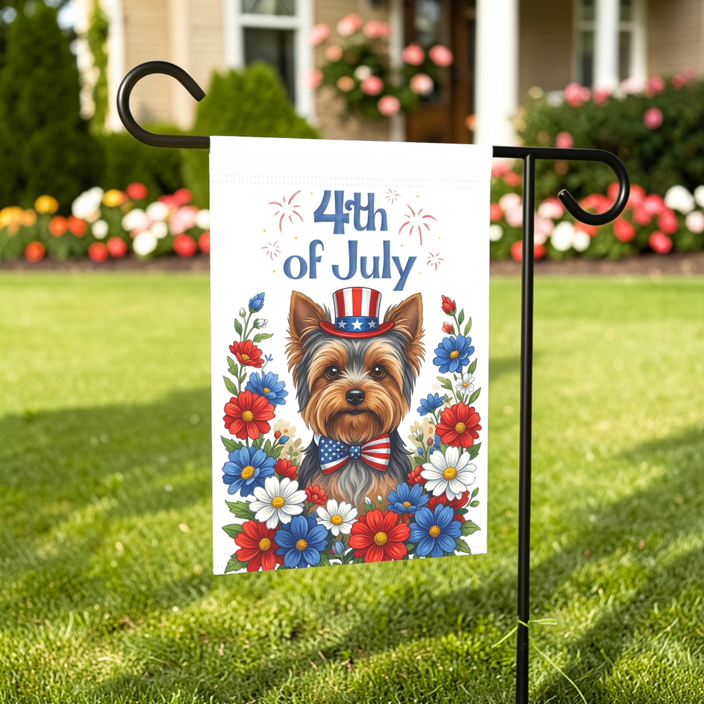 4th of July Patriotic Yorkshire Terrier Garden Flag - lifestyle display - Dragonfire Gardens
