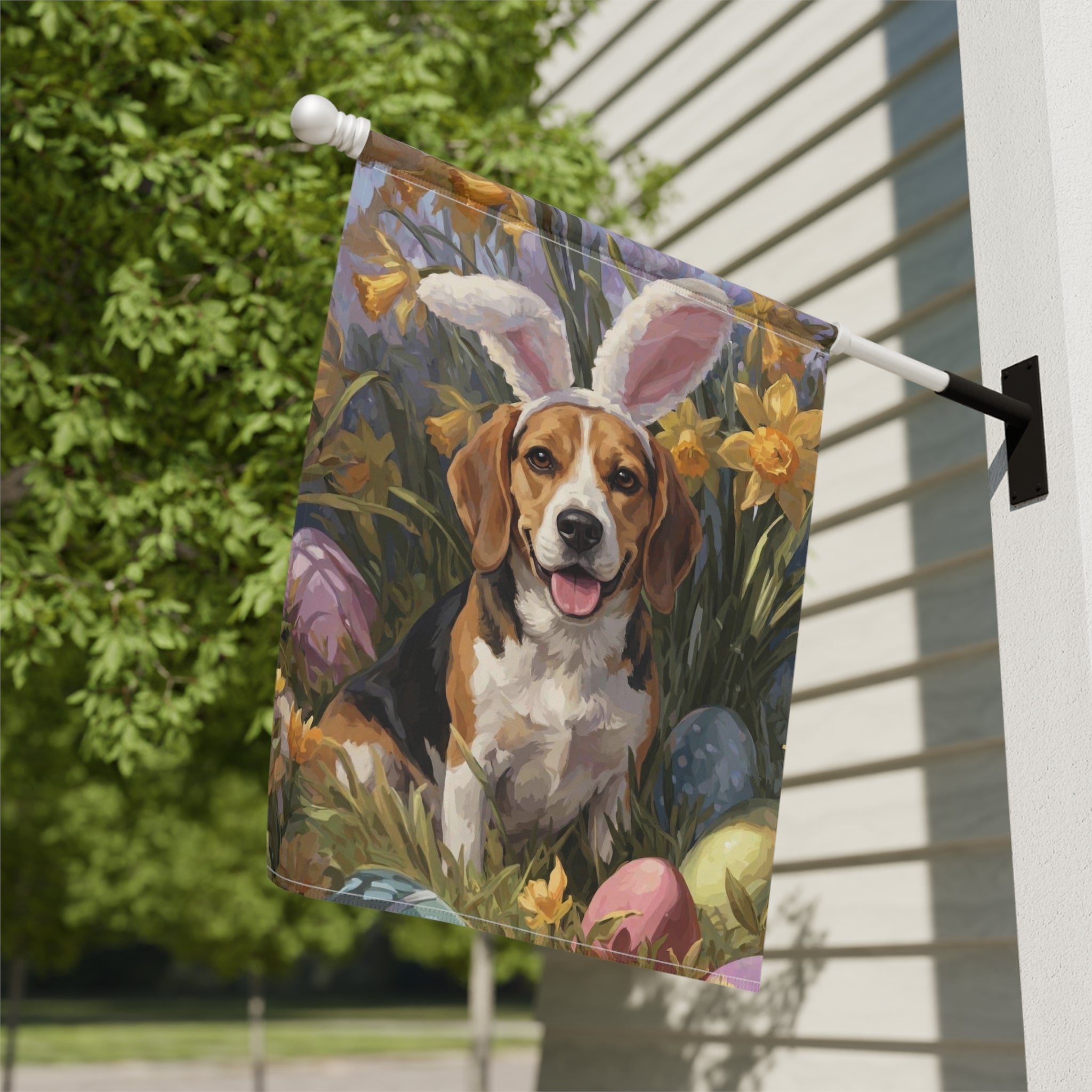 Pink Bunny Ears Beagle Easter Garden Flag