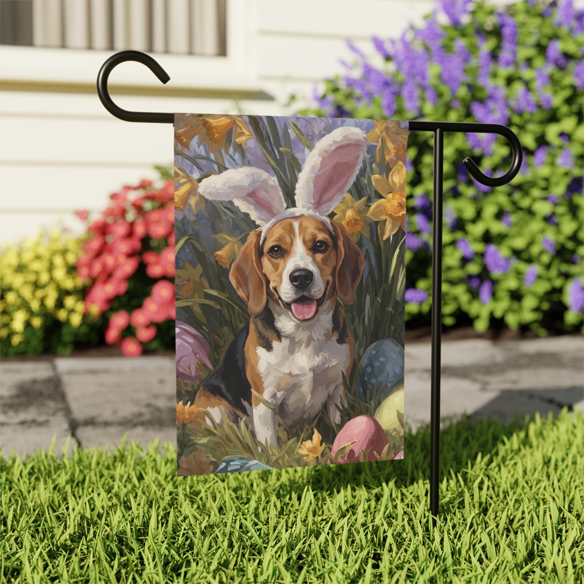 Pink Bunny Ears Beagle Easter Garden Flag