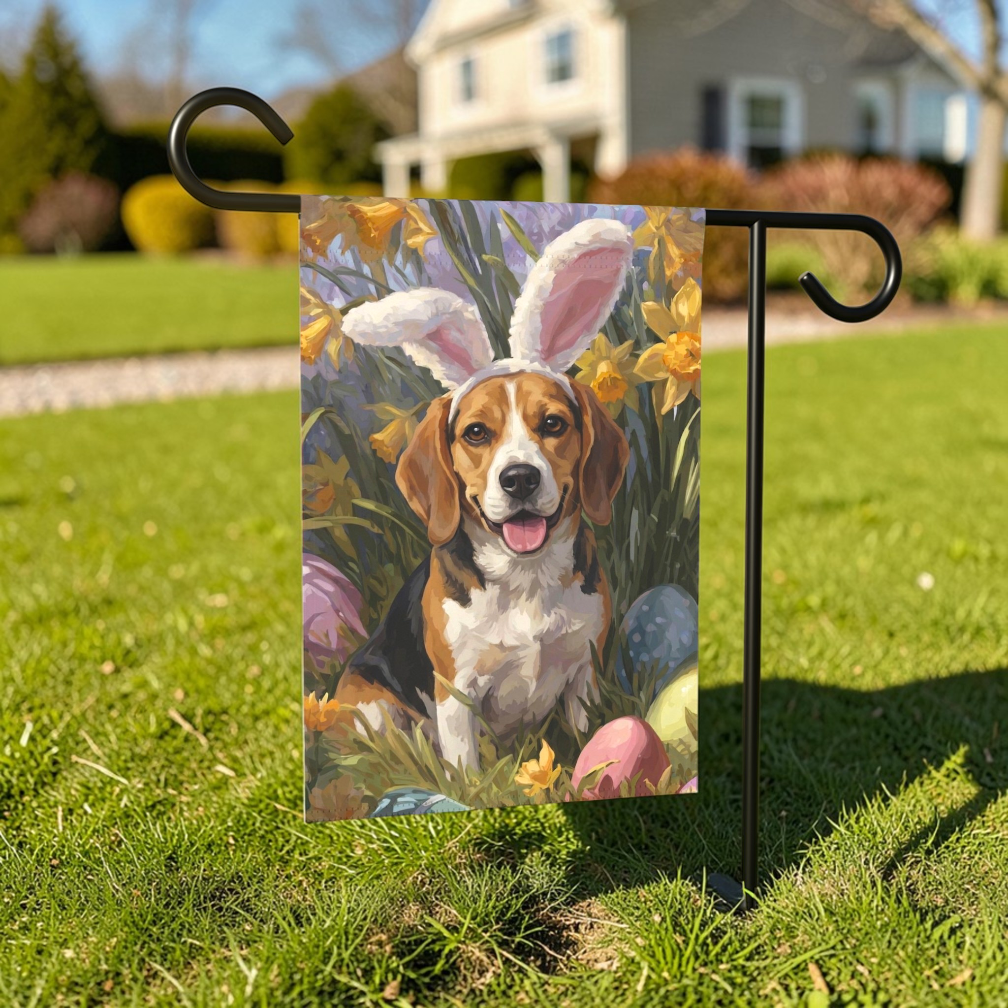 Pink Bunny Ears Beagle Easter Garden Flag