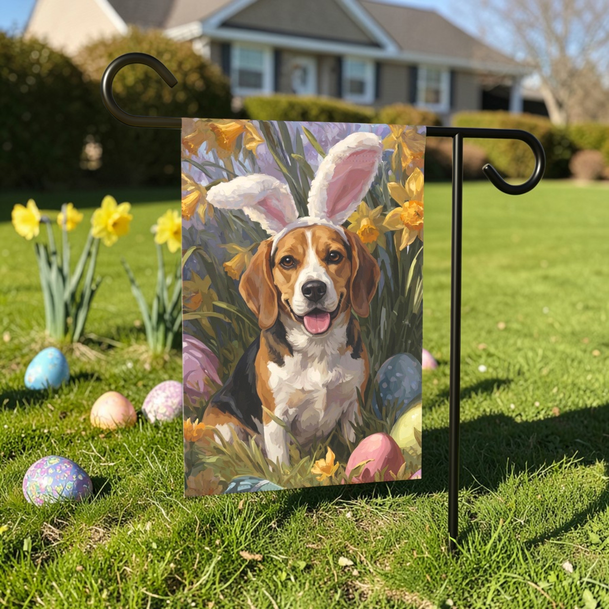 Pink Bunny Ears Beagle Easter Garden Flag