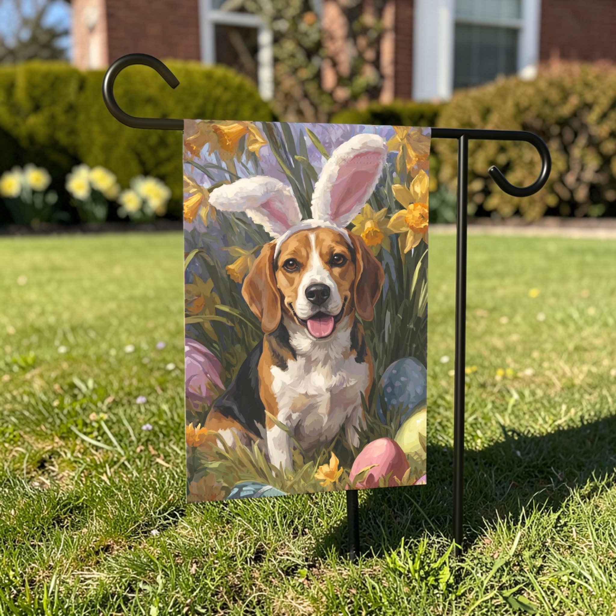 Pink Bunny Ears Beagle Easter Garden Flag
