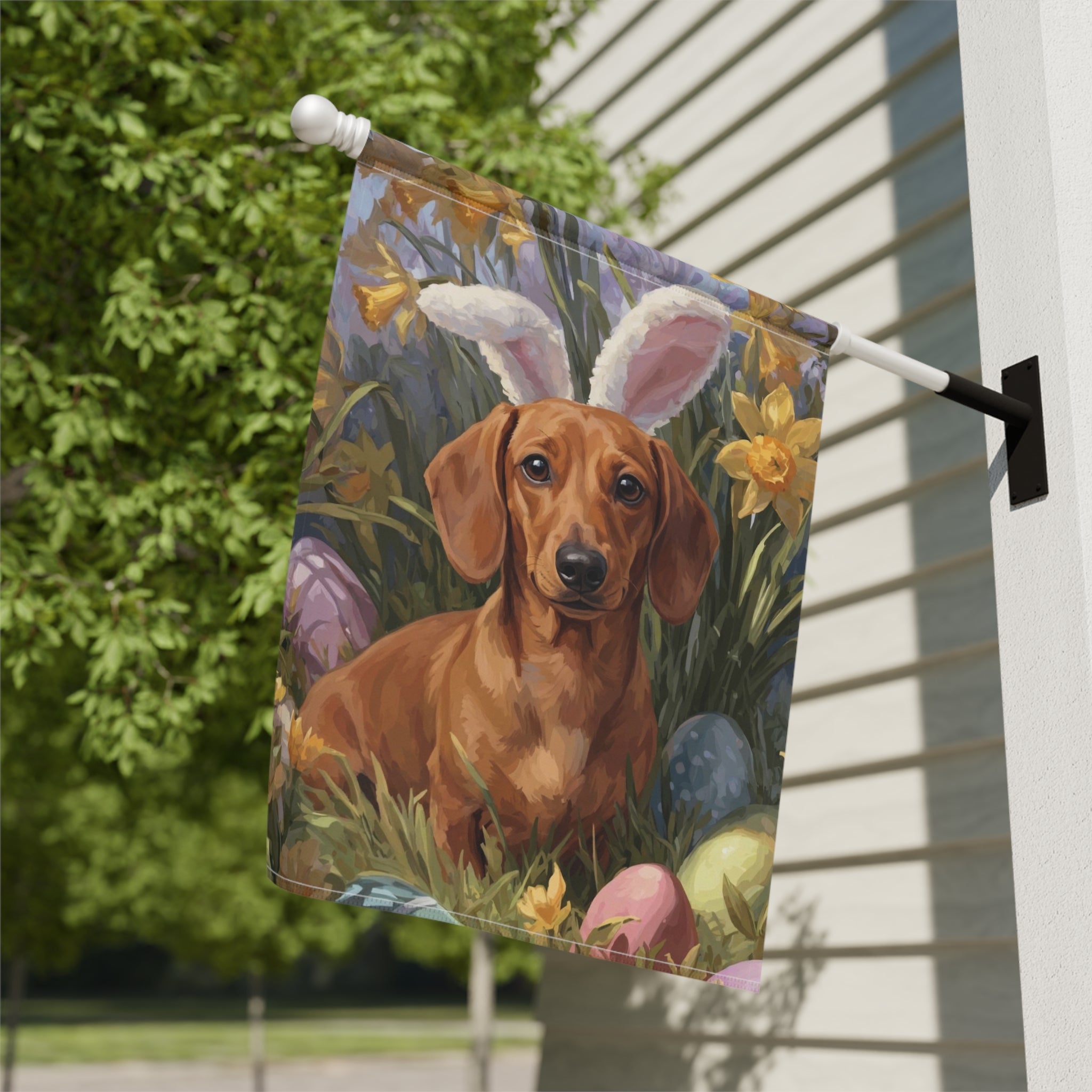 Pink Bunny Ears Short Haired Dachshund Easter Garden Flag
