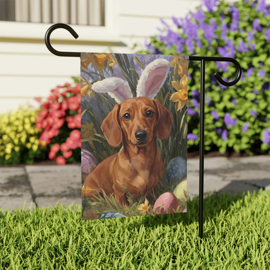 Pink Bunny Ears Short Haired Dachshund Easter Garden Flag - close-up detail - Dragonfire Gardens