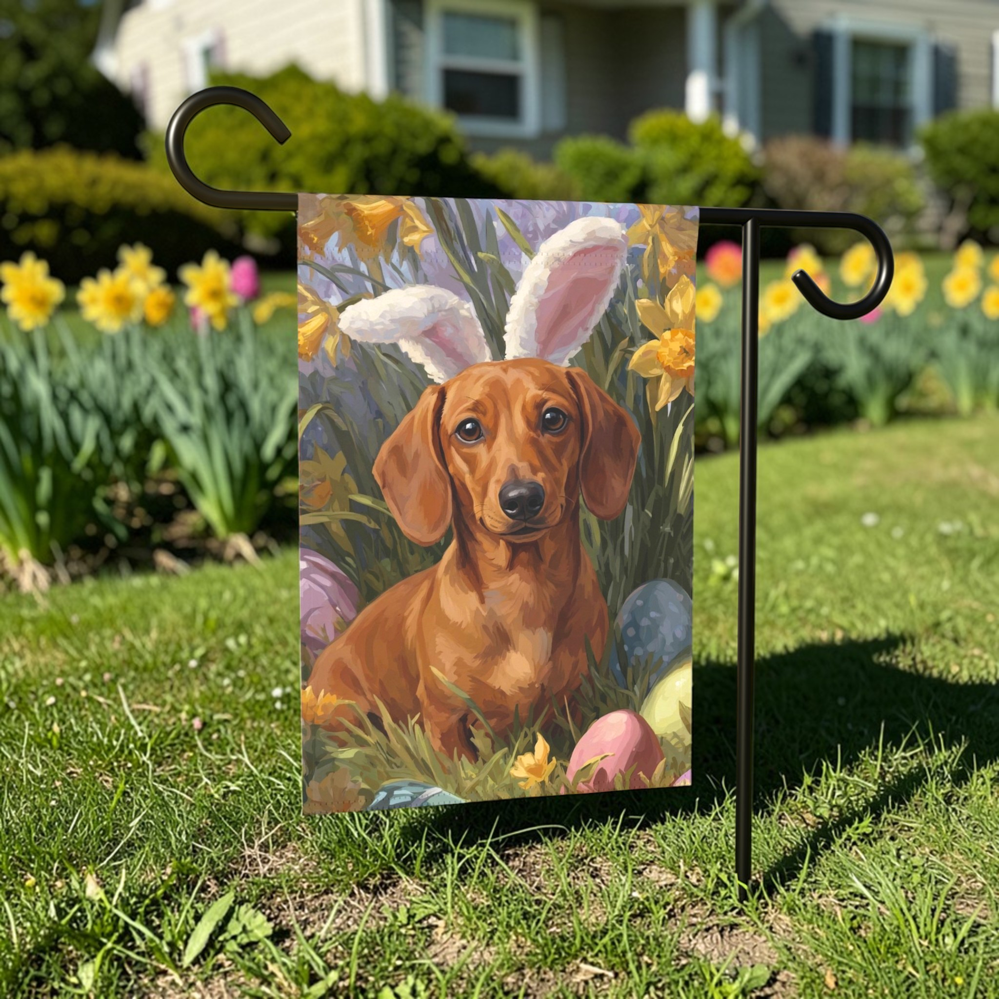 Pink Bunny Ears Short Haired Dachshund Easter Garden Flag - lifestyle display - Dragonfire Gardens