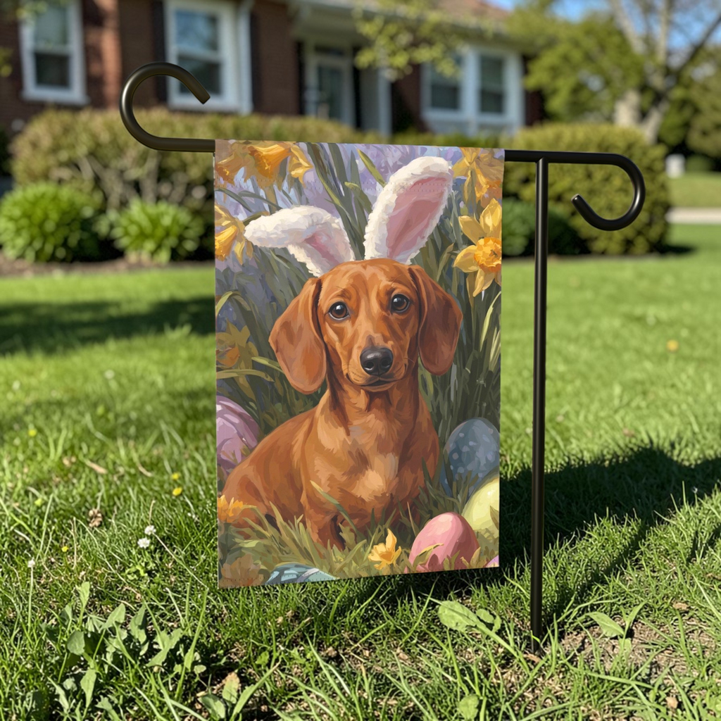 Pink Bunny Ears Short Haired Dachshund Easter Garden Flag - front view - Dragonfire Gardens