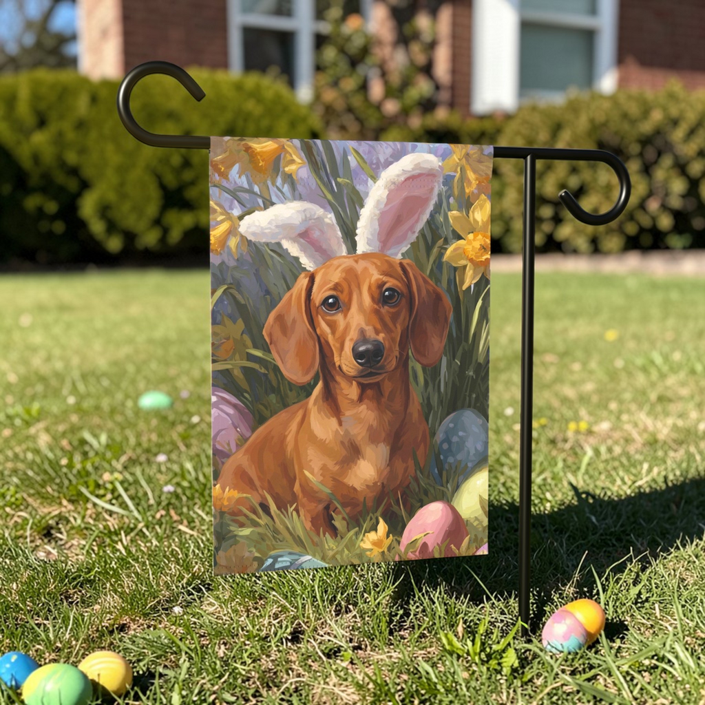 Pink Bunny Ears Short Haired Dachshund Easter Garden Flag - outdoor display - Dragonfire Gardens