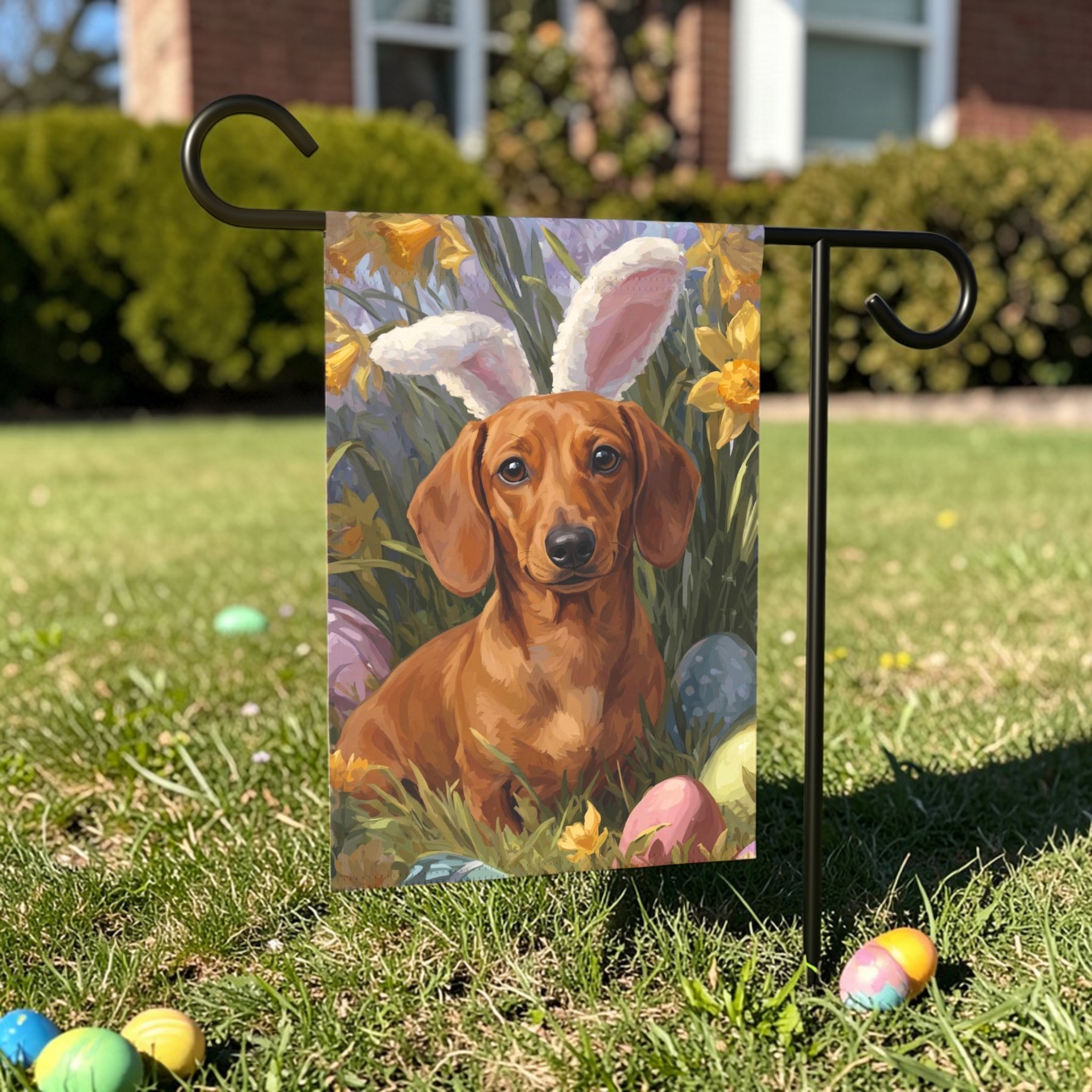 Pink Bunny Ears Short Haired Dachshund Easter Garden Flag