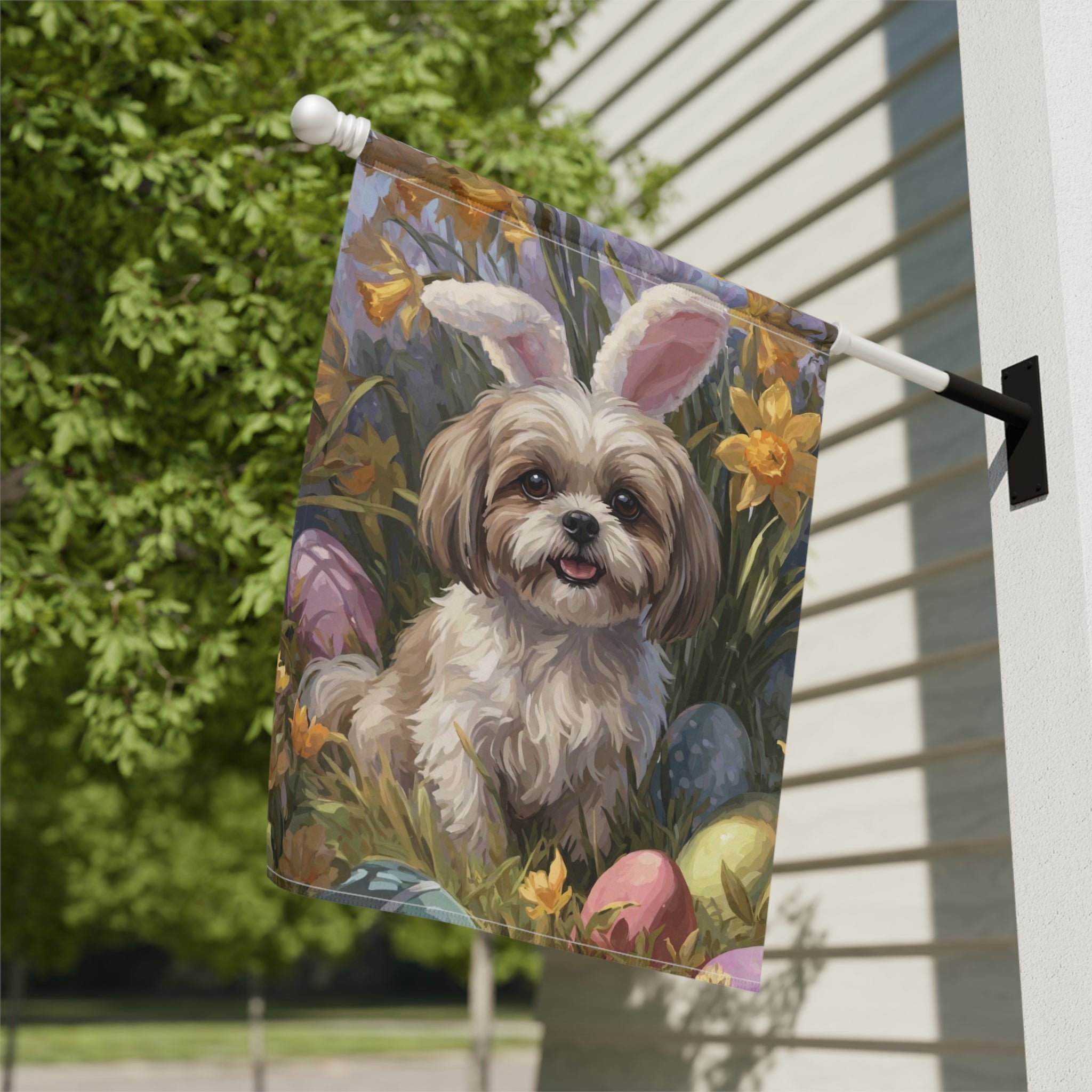 Pink Bunny Ear Shih Tzu Easter Garden Flag