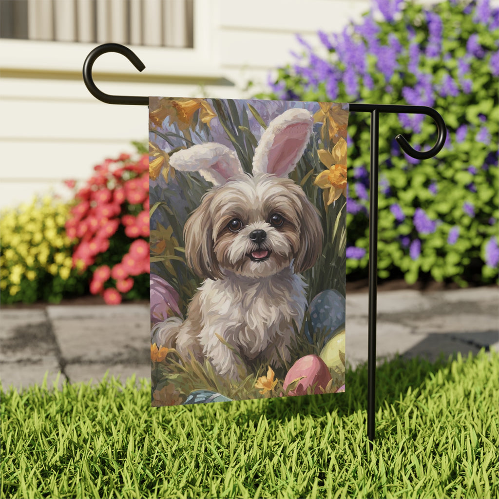 Pink Bunny Ear Shih Tzu Easter Garden Flag - close-up detail - Dragonfire Gardens