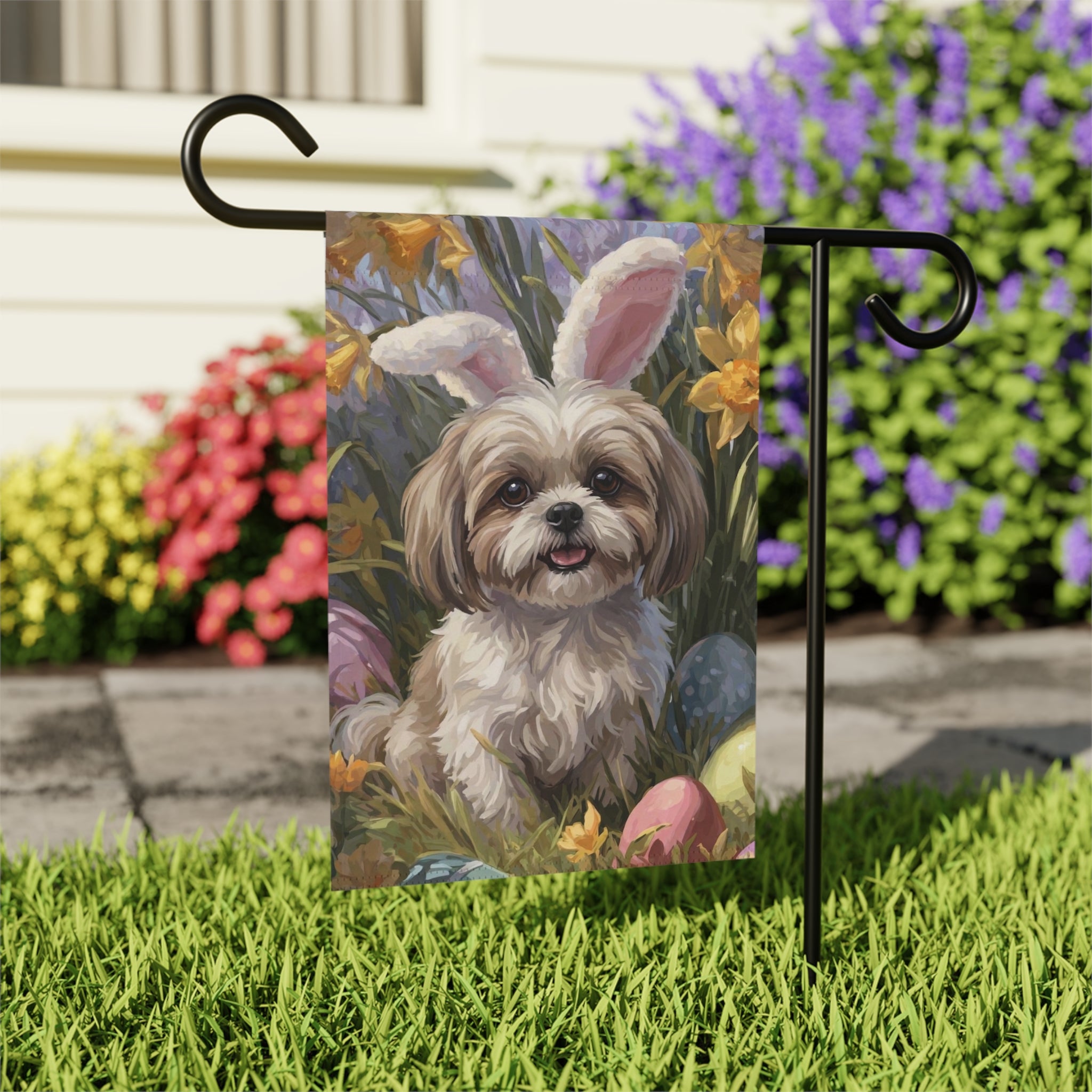 Pink Bunny Ear Shih Tzu Easter Garden Flag