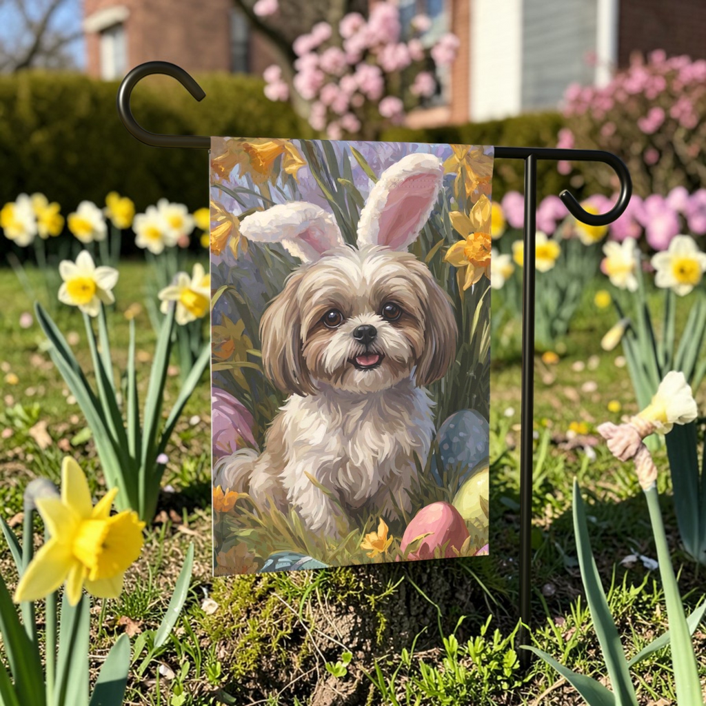 Pink Bunny Ear Shih Tzu Easter Garden Flag - front view - Dragonfire Gardens
