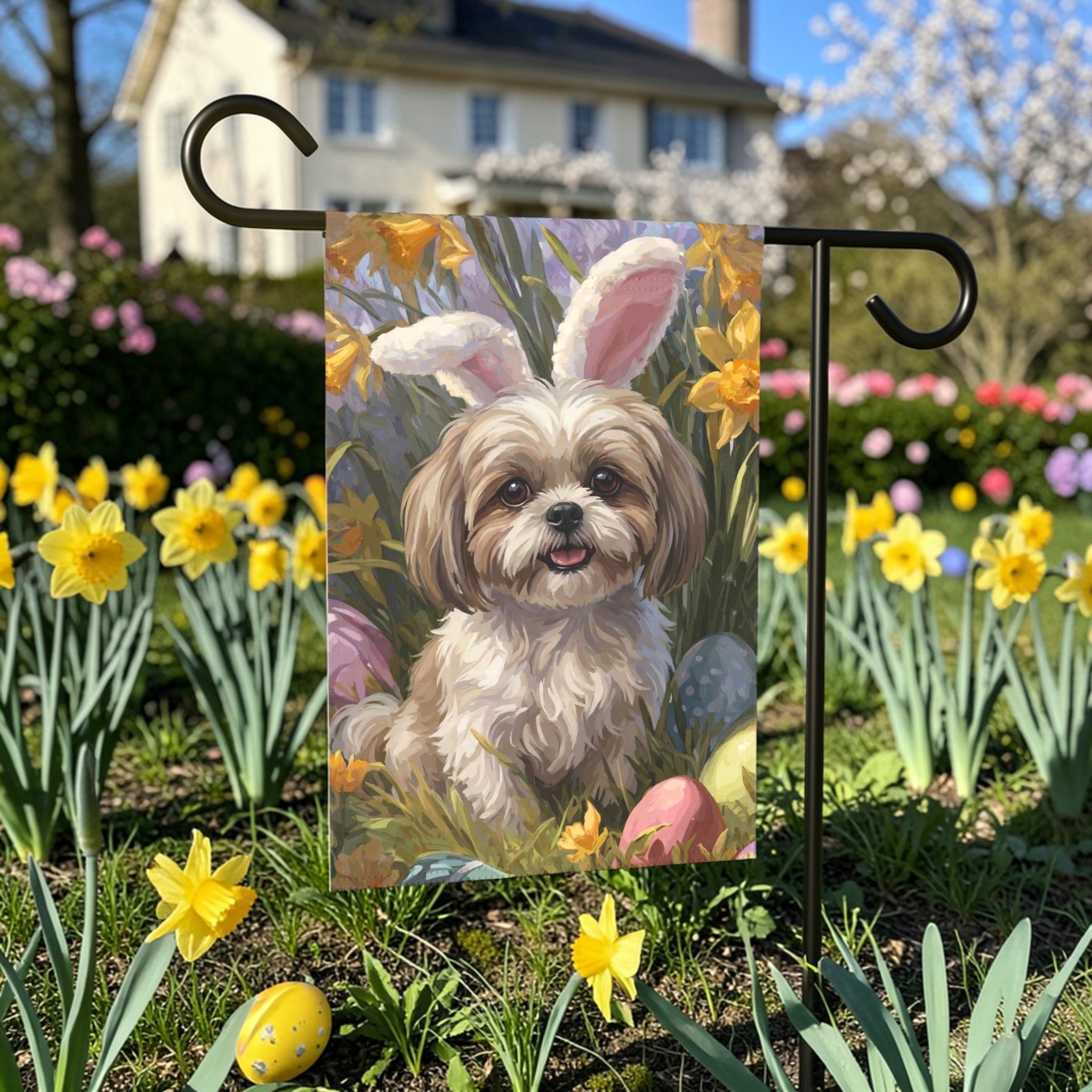Pink Bunny Ear Shih Tzu Easter Garden Flag