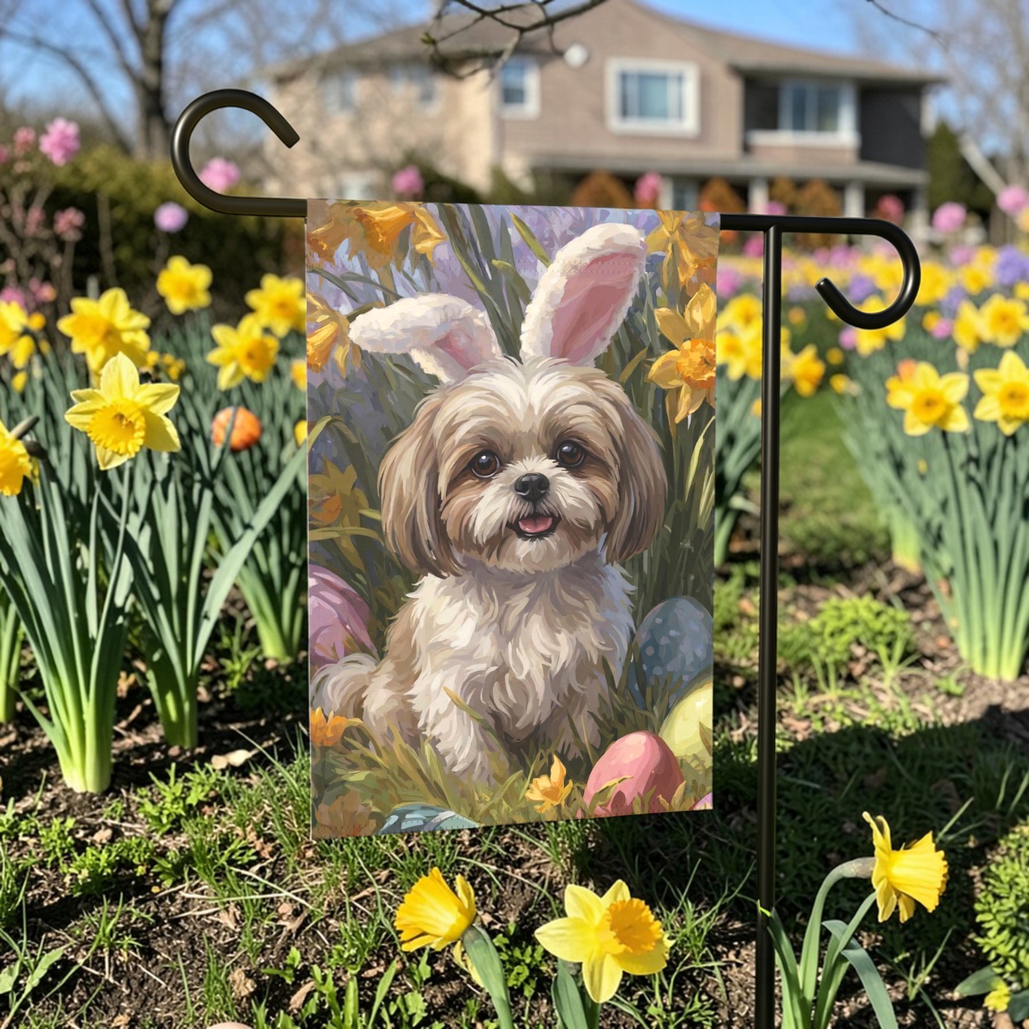 Pink Bunny Ear Shih Tzu Easter Garden Flag - lifestyle display - Dragonfire Gardens