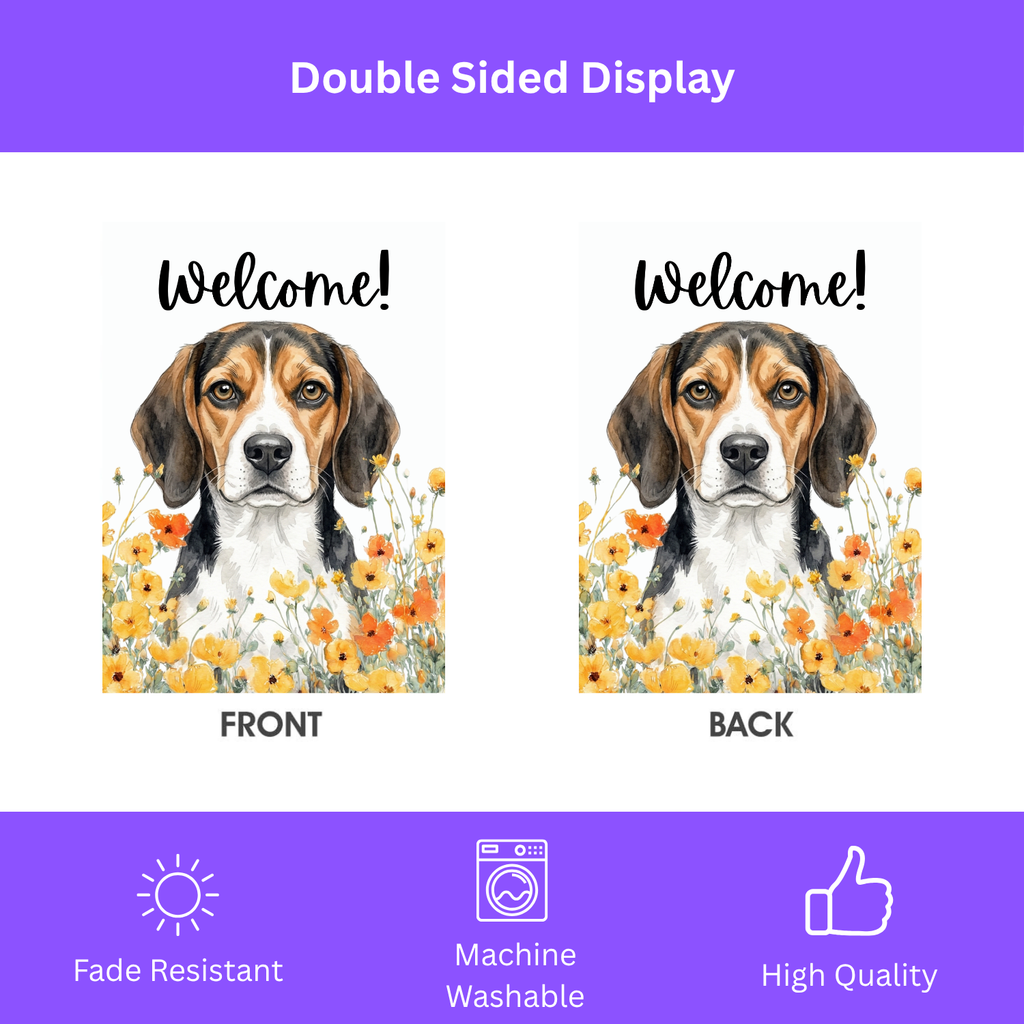 Yellow Poppies Beagle Welcome Garden Flag - size comparison - Dragonfire Gardens