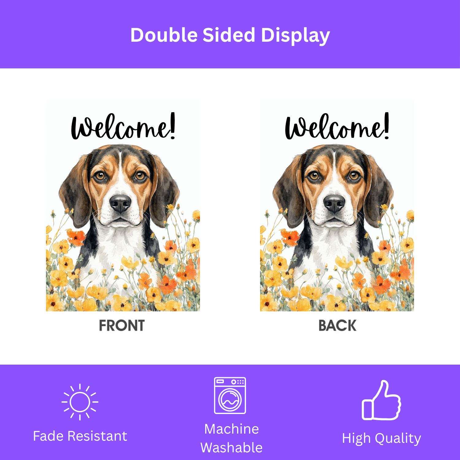 Yellow Poppies Beagle Welcome Garden Flag - size comparison - Dragonfire Gardens