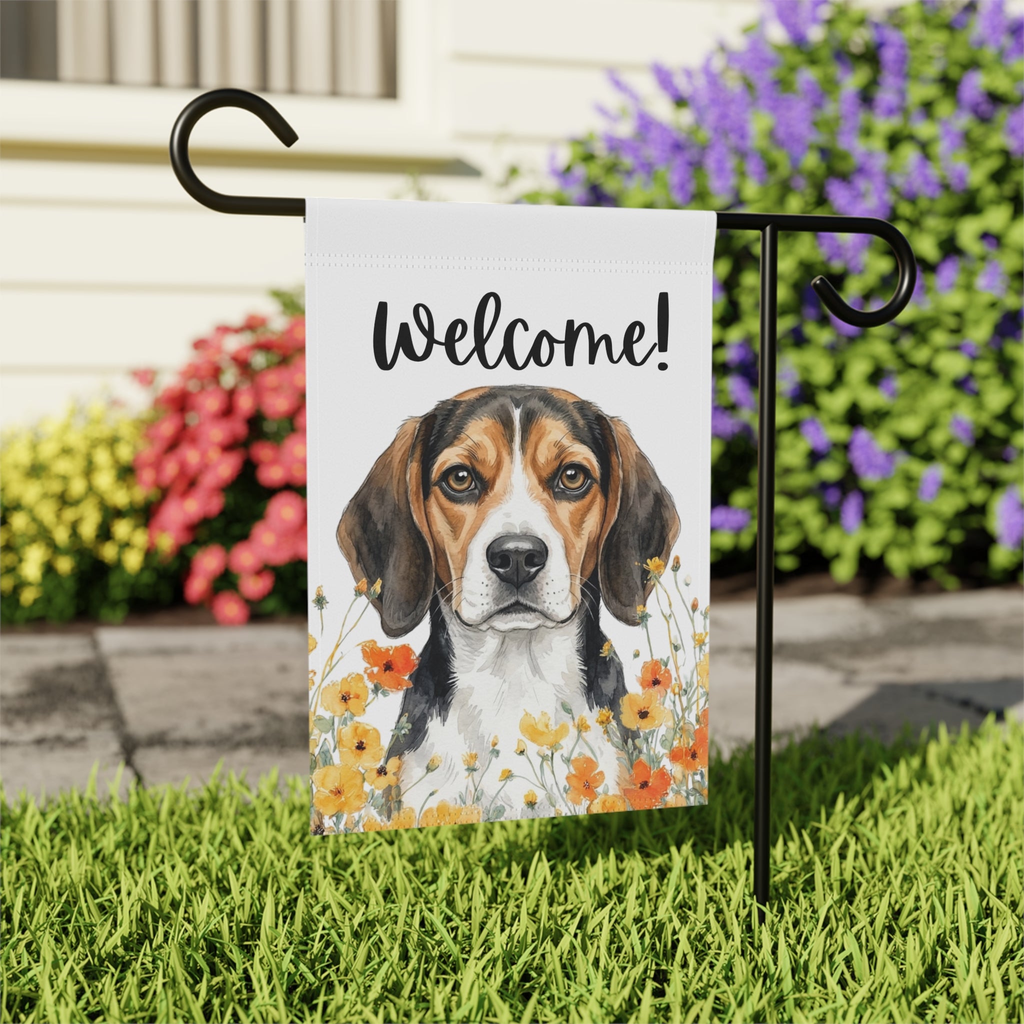 Yellow Poppies Beagle Welcome Garden Flag - close-up detail - Dragonfire Gardens