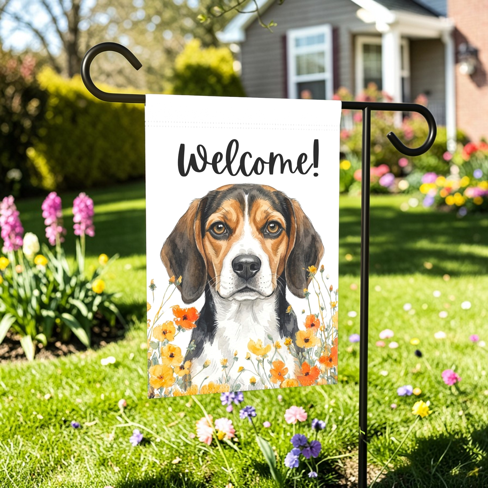 Yellow Poppies Beagle Welcome Garden Flag - front view - Dragonfire Gardens