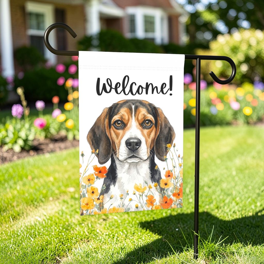 Yellow Poppies Beagle Welcome Garden Flag - lifestyle display - Dragonfire Gardens