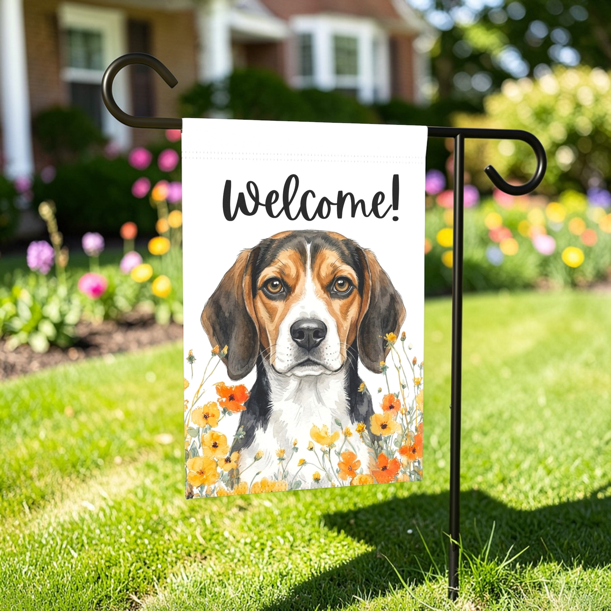 Yellow Poppies Beagle Welcome Garden Flag - lifestyle display - Dragonfire Gardens