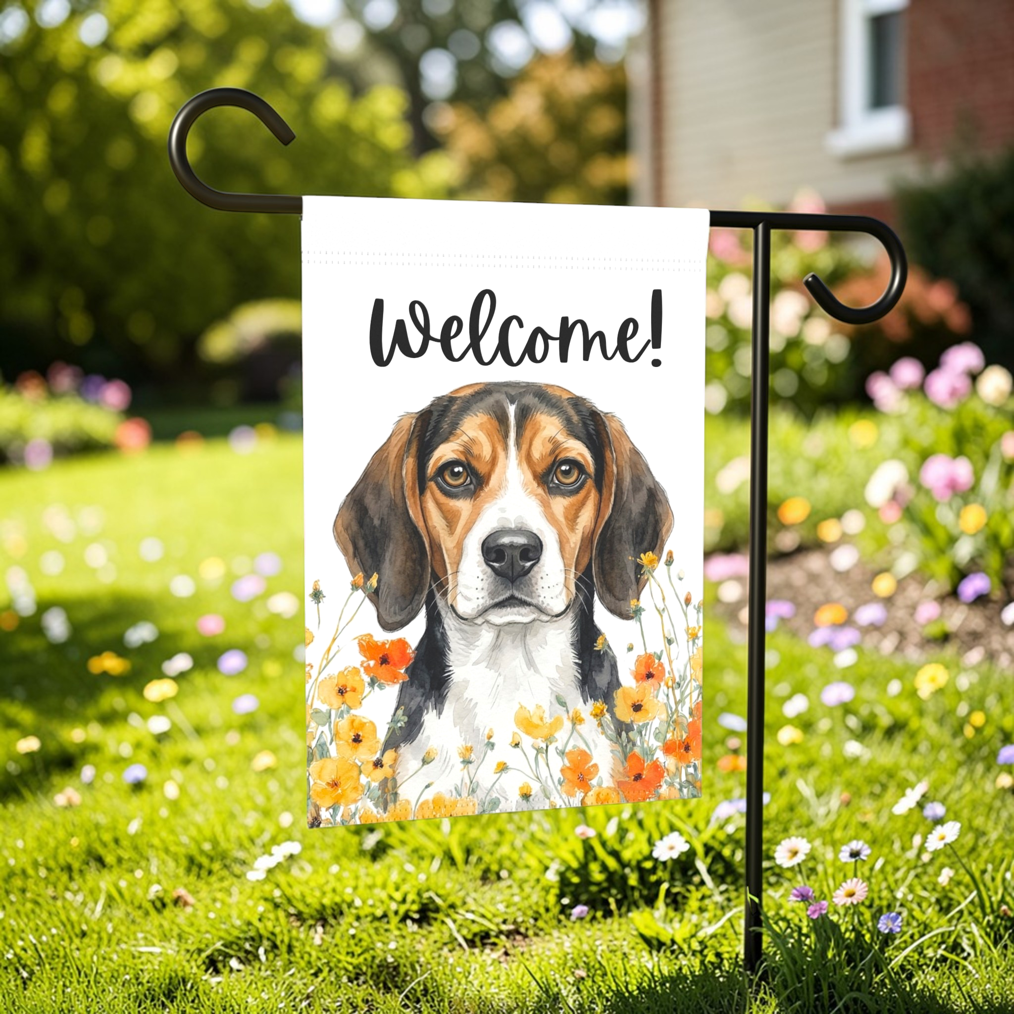 Yellow Poppies Beagle Welcome Garden Flag - outdoor display - Dragonfire Gardens