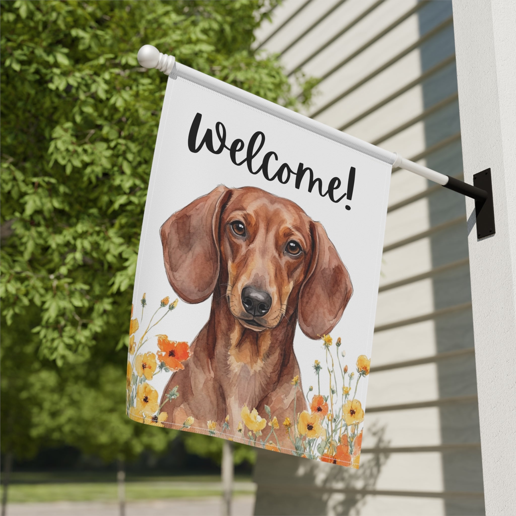 Yellow Poppies Dachshund Welcome Garden Flag - yard display - Dragonfire Gardens