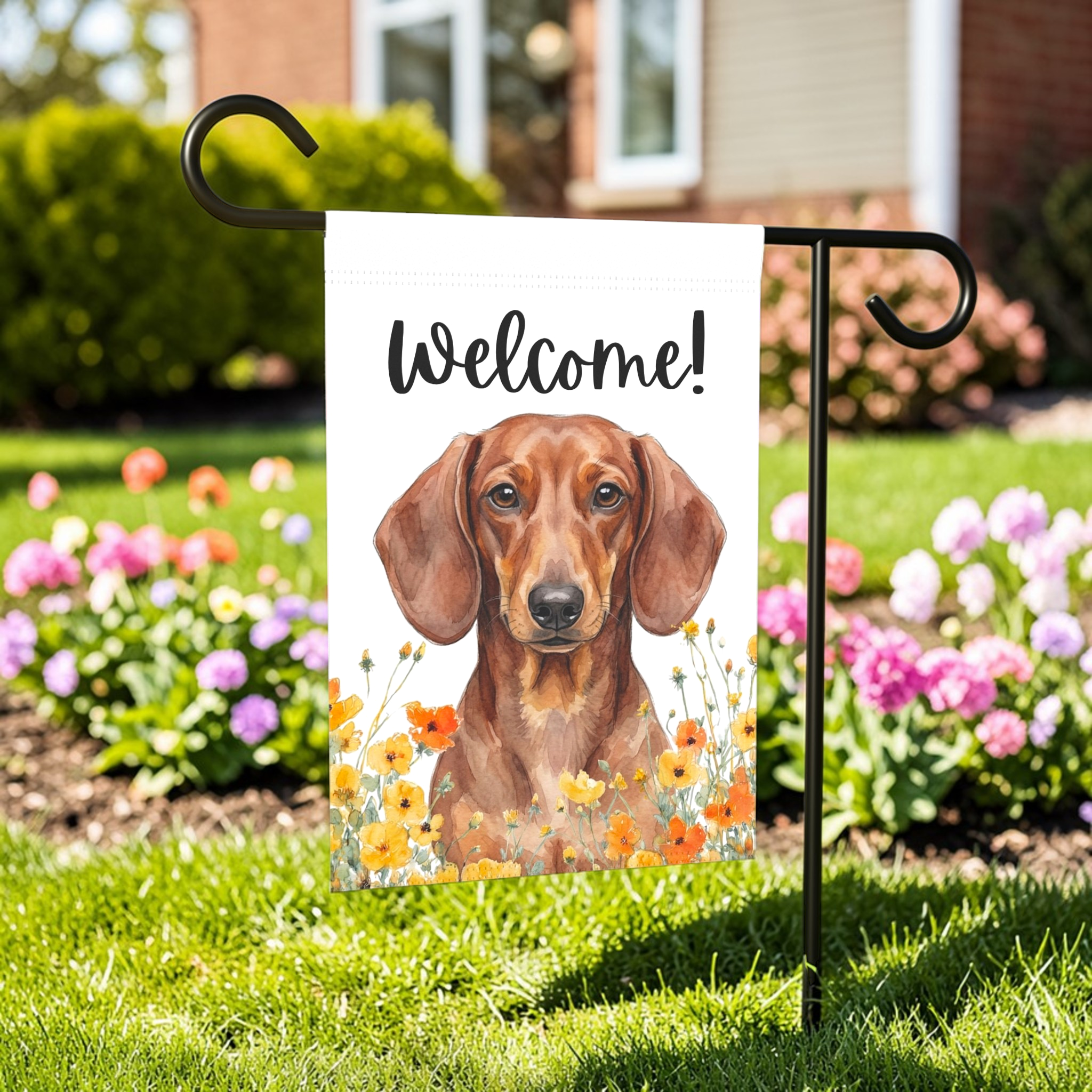 Yellow Poppies Dachshund Welcome Garden Flag