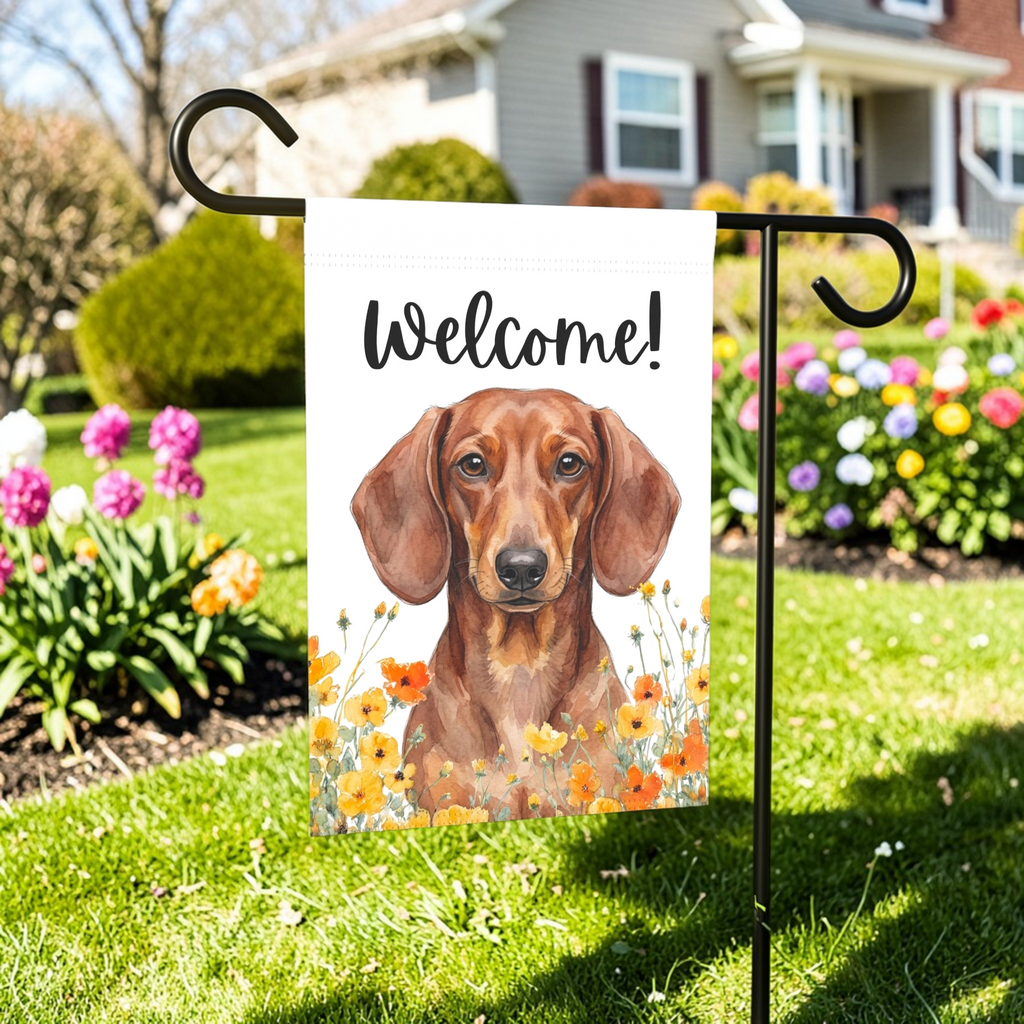 Yellow Poppies Dachshund Welcome Garden Flag