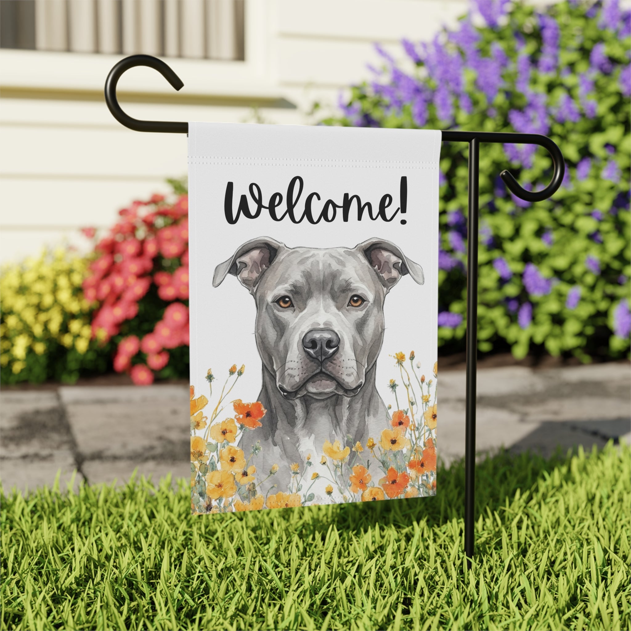 Yellow Poppies Gray American Pitbull Welcome Garden Flag - close-up detail - Dragonfire Gardens