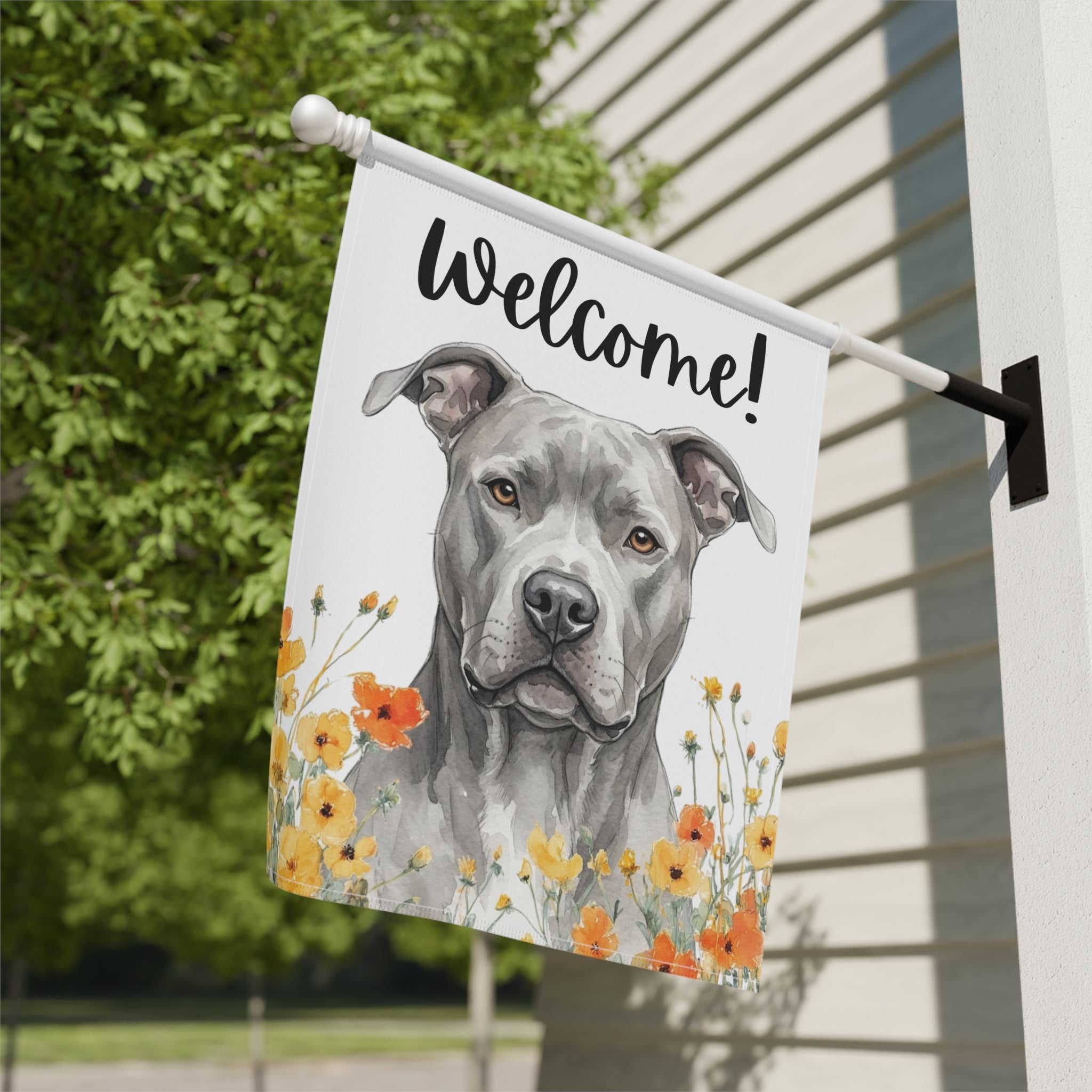 Yellow Poppies Gray American Pitbull Welcome Garden Flag - yard display - Dragonfire Gardens