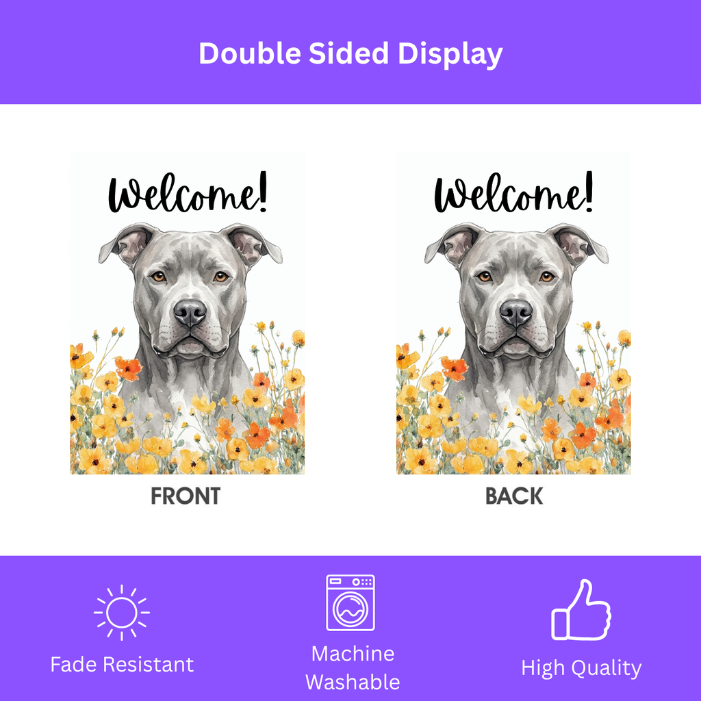 Yellow Poppies Gray American Pitbull Welcome Garden Flag - porch decor - Dragonfire Gardens