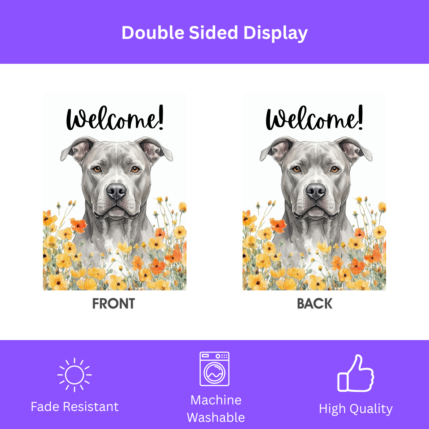 Yellow Poppies Gray American Pitbull Welcome Garden Flag - porch decor - Dragonfire Gardens