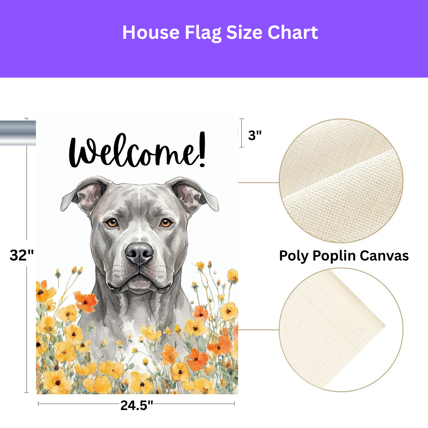 Yellow Poppies Gray American Pitbull Welcome Garden Flag - size comparison - Dragonfire Gardens