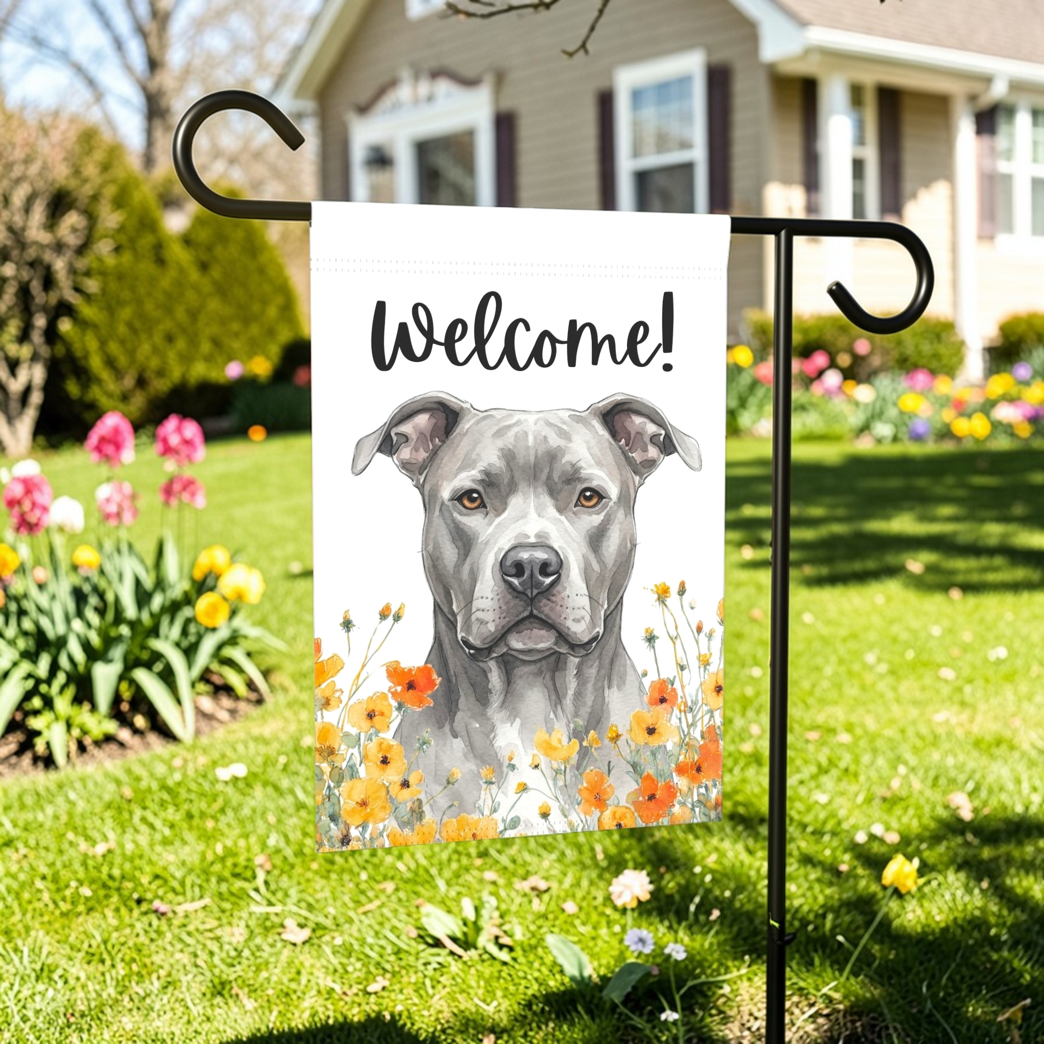 Yellow Poppies Gray American Pitbull Welcome Garden Flag - front view - Dragonfire Gardens