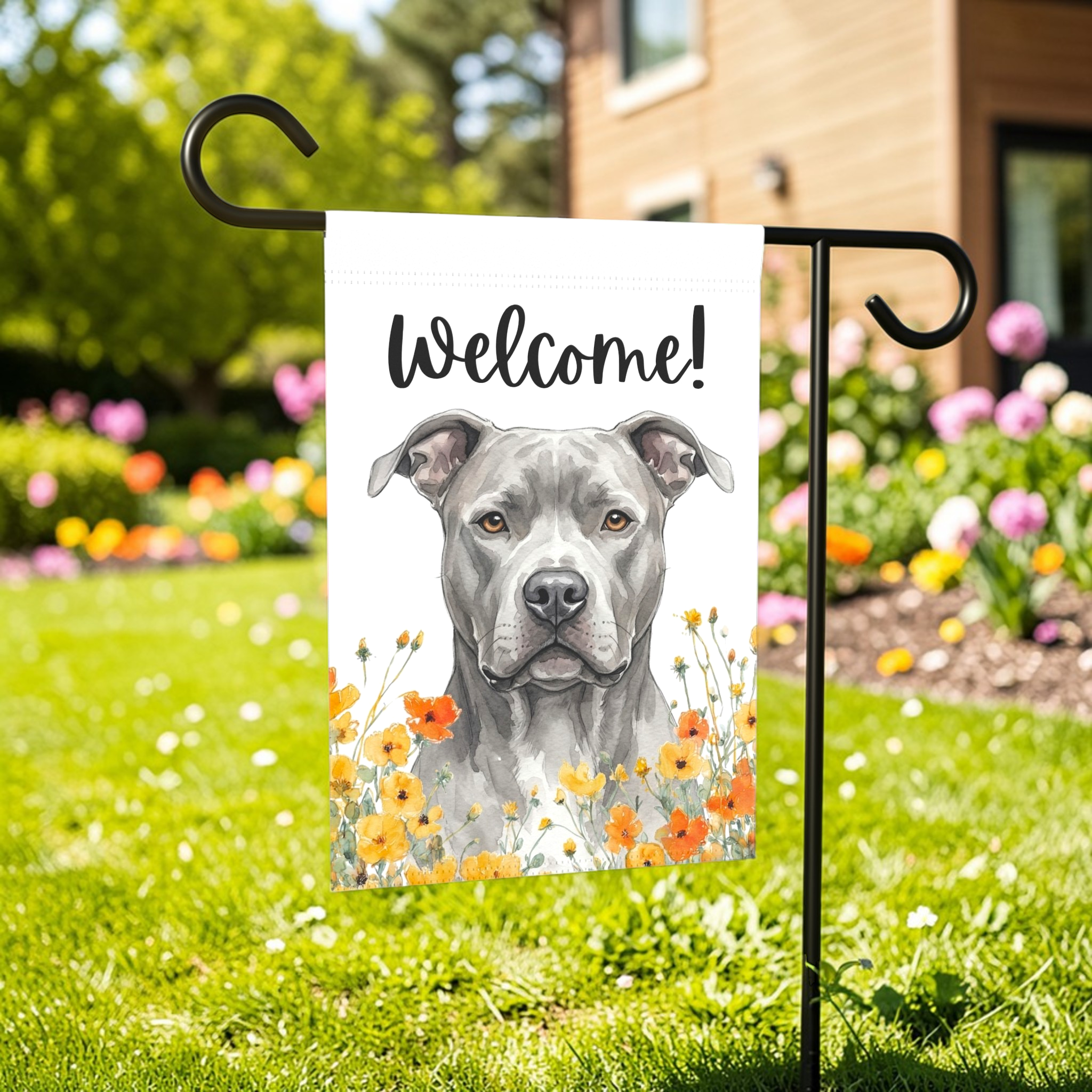 Yellow Poppies Gray American Pitbull Welcome Garden Flag - outdoor display - Dragonfire Gardens