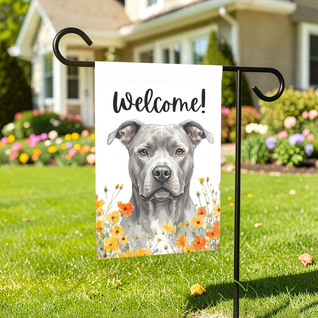 Yellow Poppies Gray American Pitbull Welcome Garden Flag - lifestyle display - Dragonfire Gardens