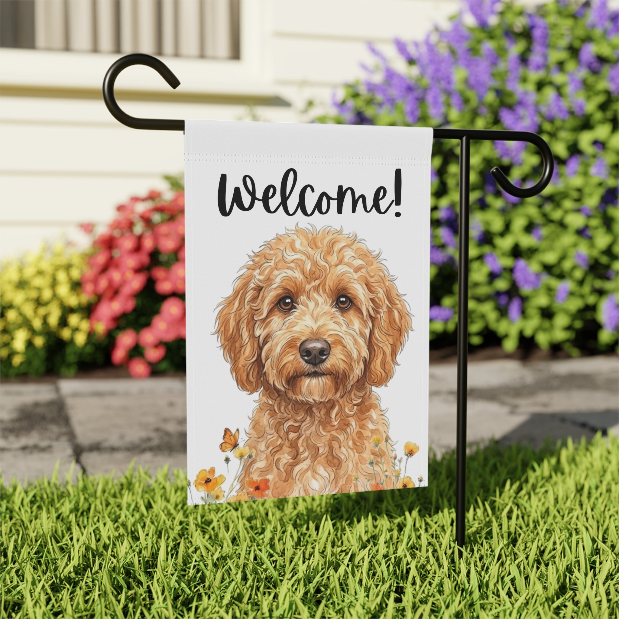 Yellow Poppies Golden Noodle Welcome Garden Flag - close-up detail - Dragonfire Gardens