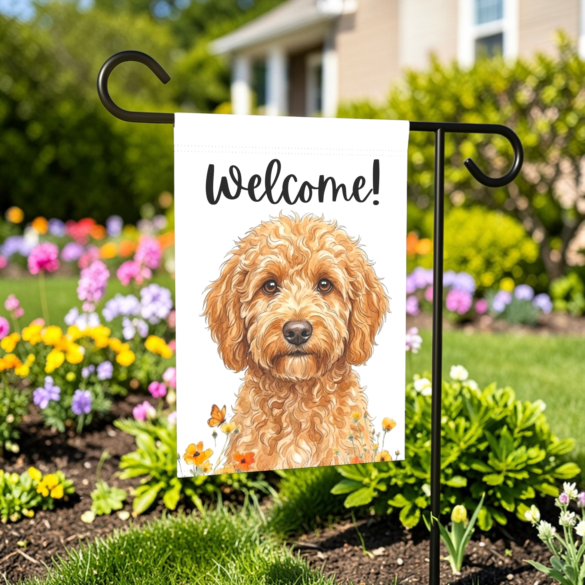 Yellow Poppies Golden Noodle Welcome Garden Flag - front view - Dragonfire Gardens