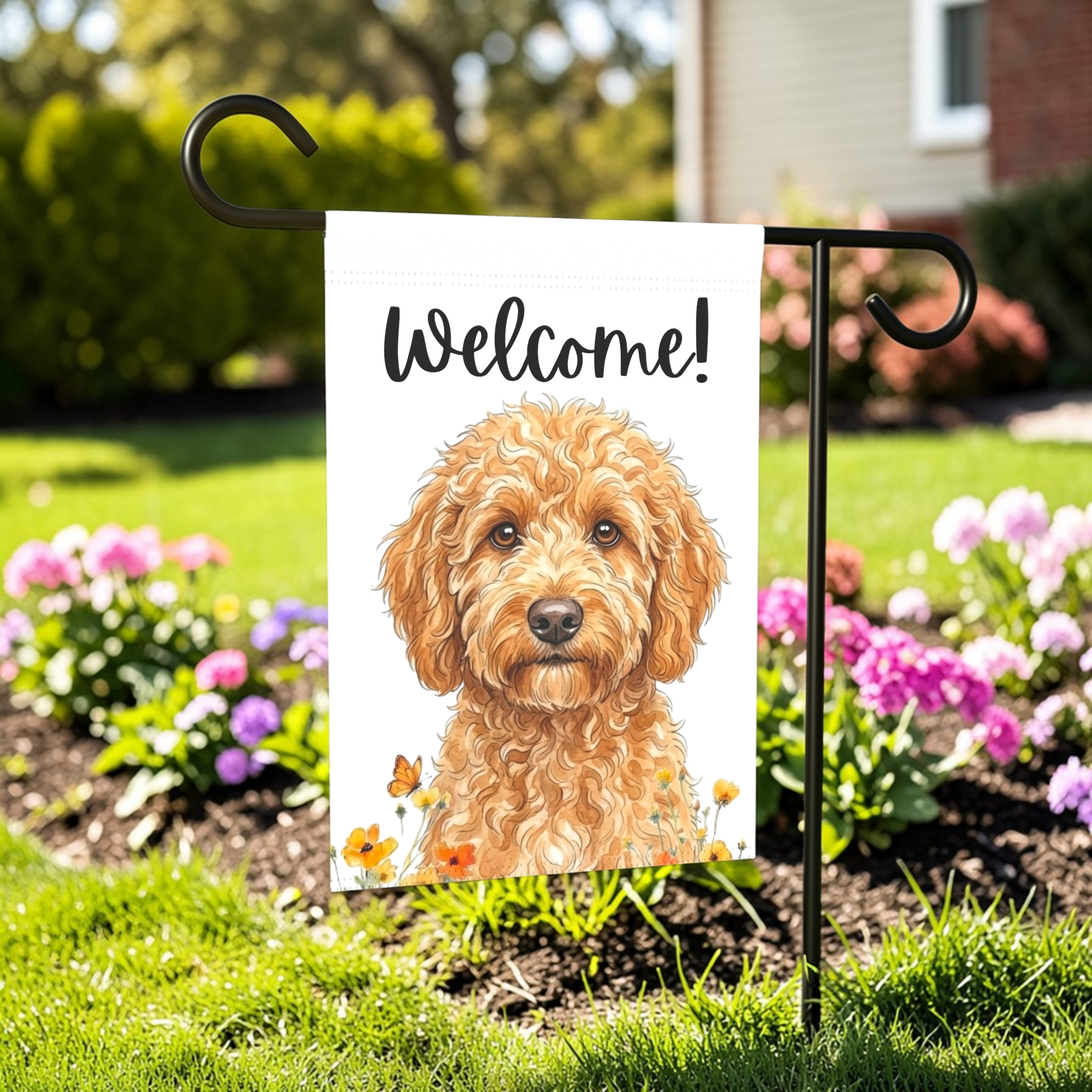 Yellow Poppies Golden Noodle Welcome Garden Flag - outdoor display - Dragonfire Gardens
