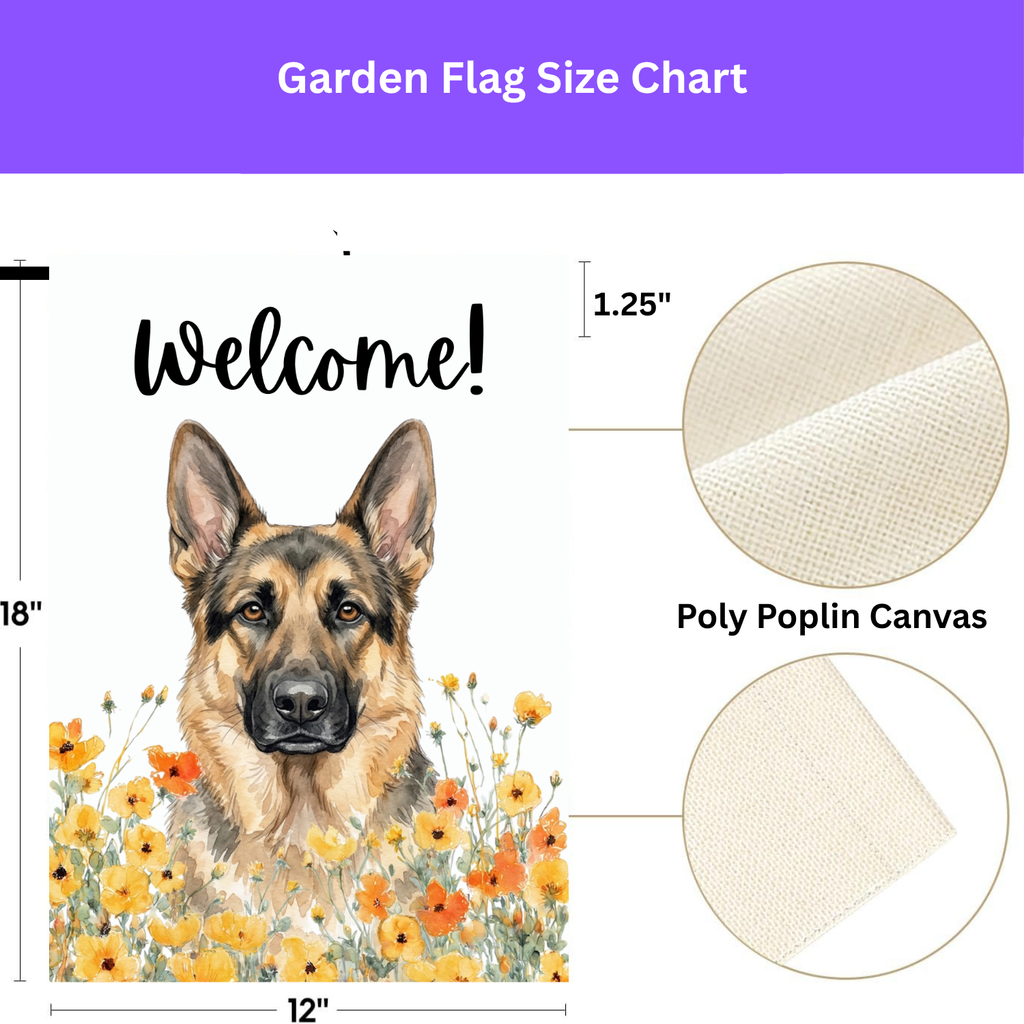 Yellow Poppies German Shepherd Welcome Garden Flag - double-sided design - Dragonfire Gardens