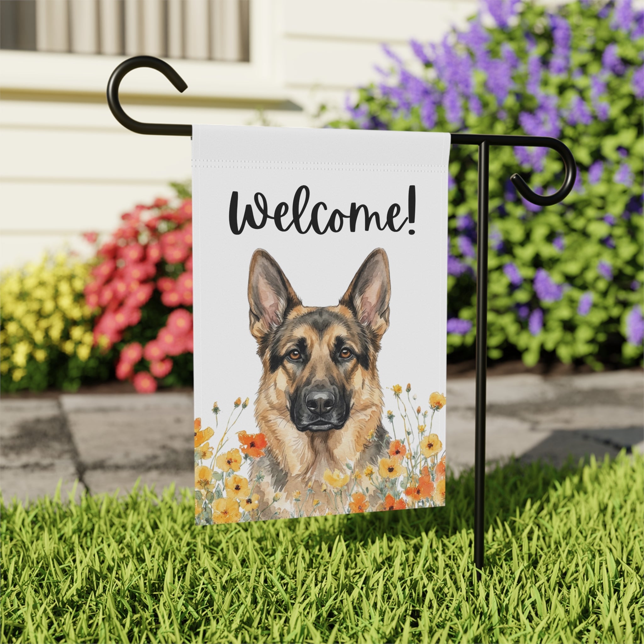 Yellow Poppies German Shepherd Welcome Garden Flag - close-up detail - Dragonfire Gardens