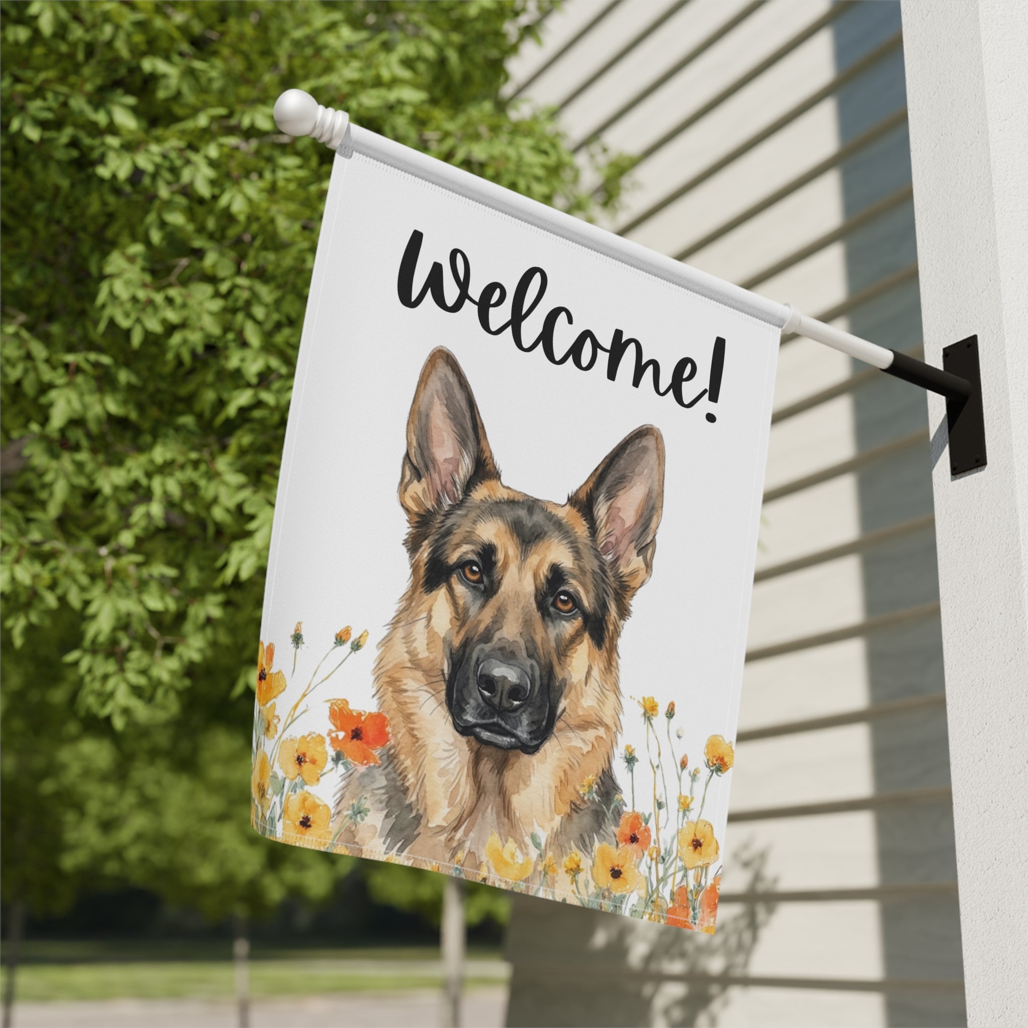 Yellow Poppies German Shepherd Welcome Garden Flag - yard display - Dragonfire Gardens