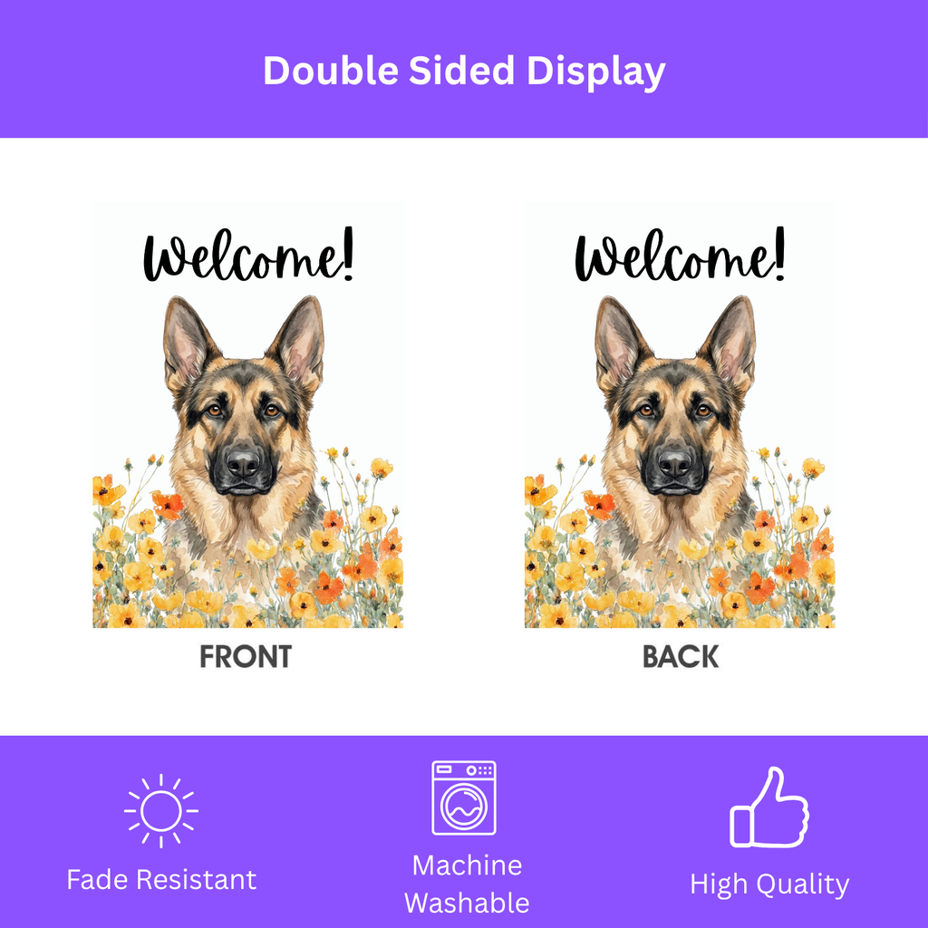 Yellow Poppies German Shepherd Welcome Garden Flag - size comparison - Dragonfire Gardens