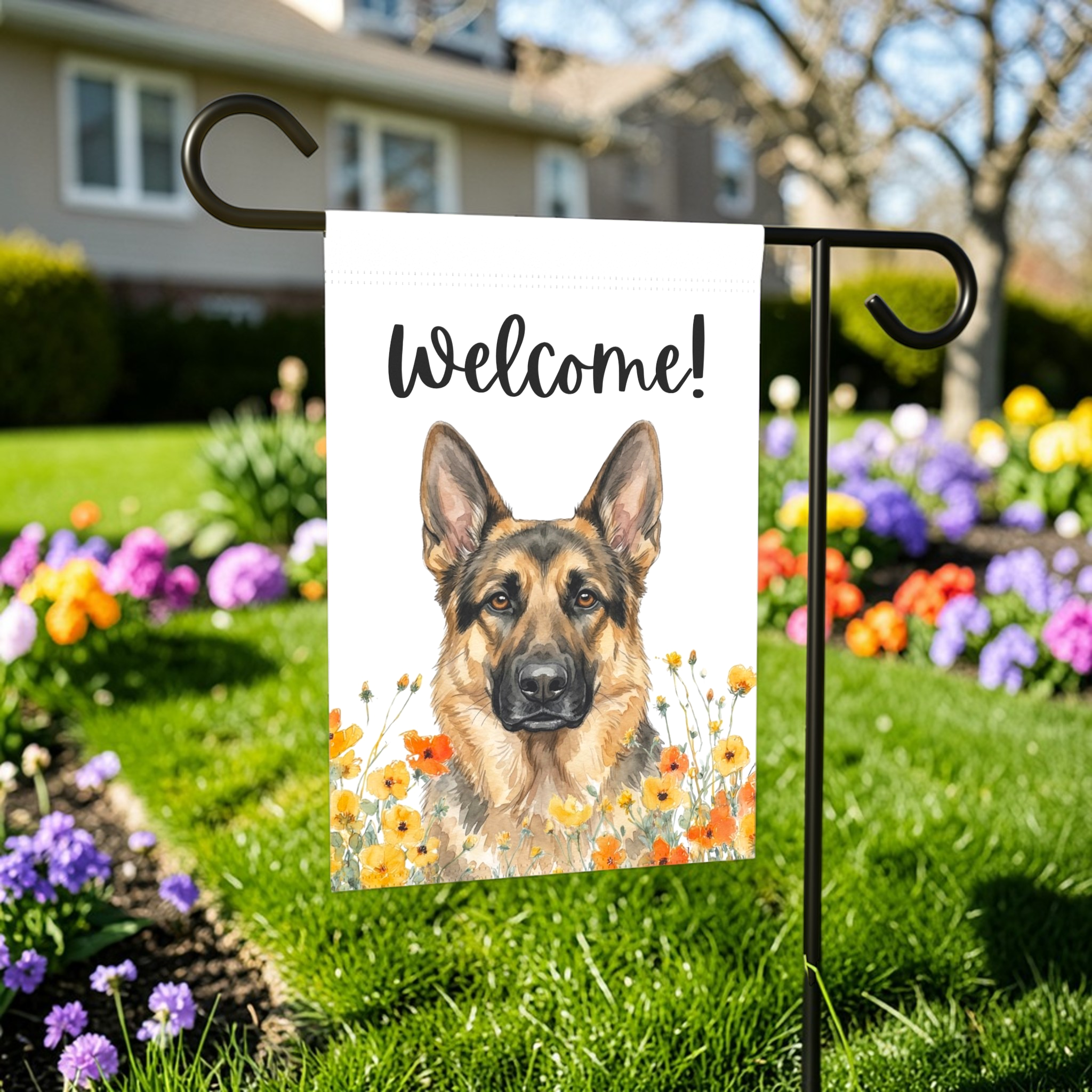 Yellow Poppies German Shepherd Welcome Garden Flag - front view - Dragonfire Gardens
